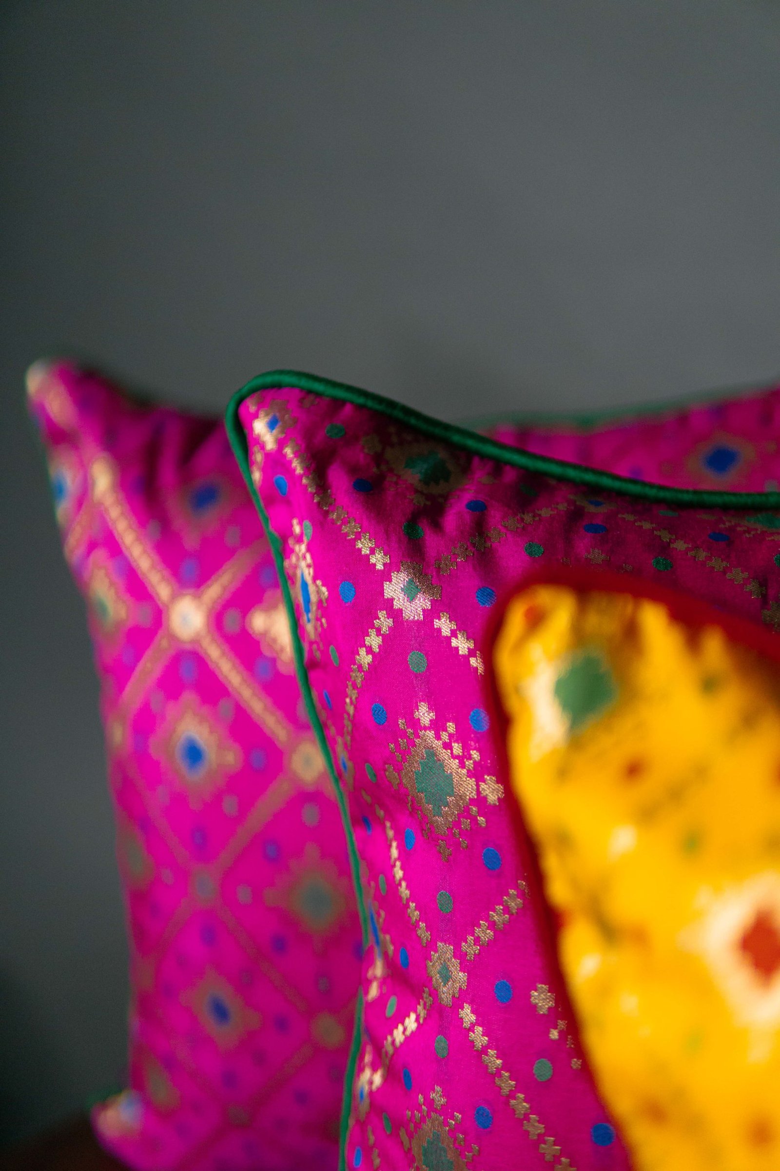 Mesmerizing Colors of Assorted Bandhani Brocade Beauty Cushion Covers (Pink-Yellow Combo) - Image 2