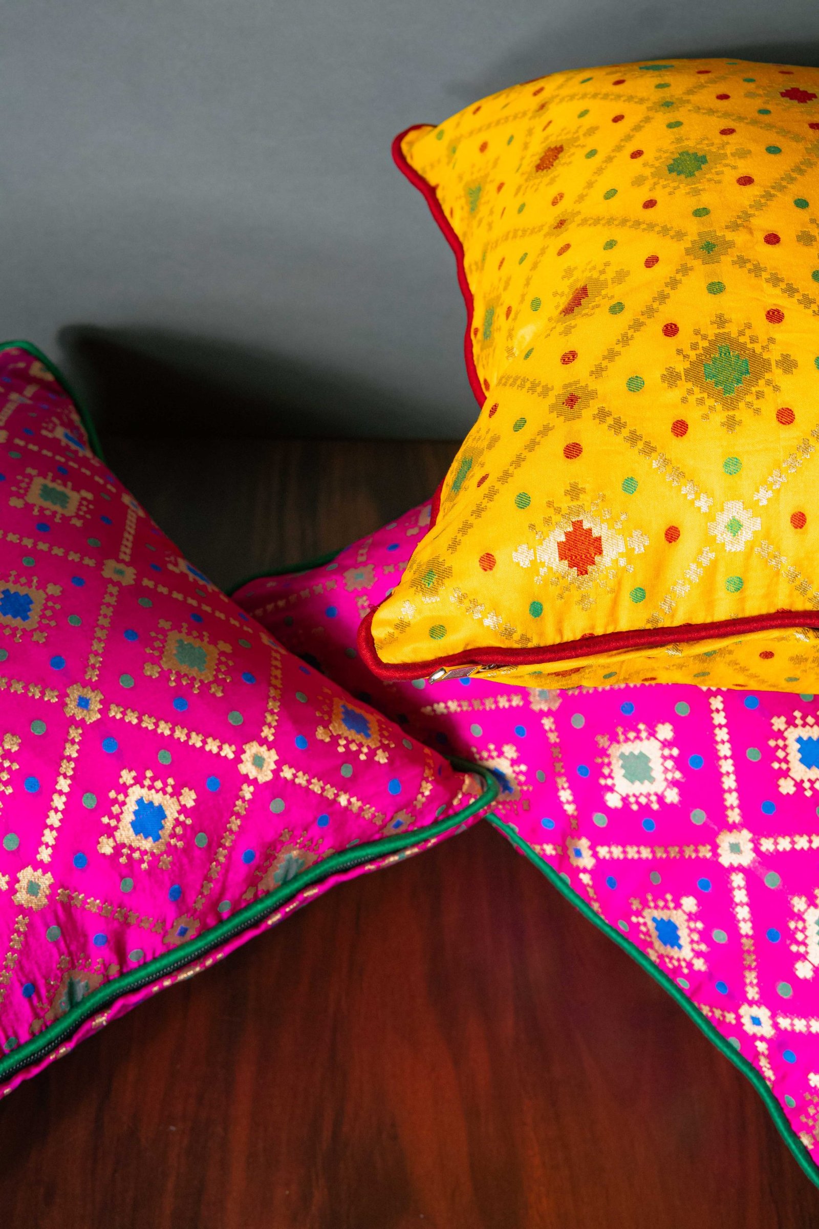Mesmerizing Colors of Assorted Bandhani Brocade Beauty Cushion Covers (Pink-Yellow Combo) - Image 3