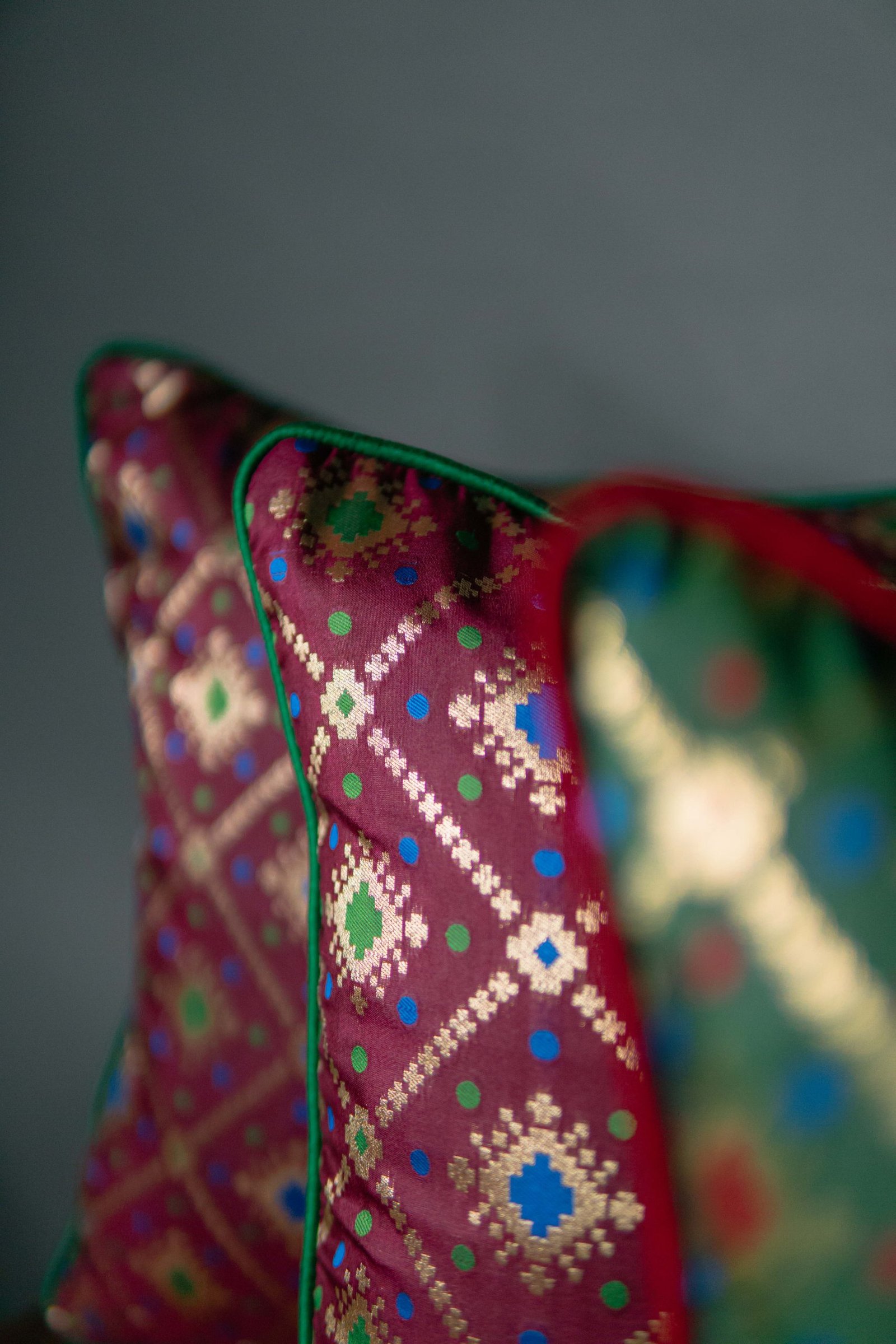 Mesmerizing Colors of Assorted Bandhani Brocade Beauty Cushion Covers (Wine-Green Combo) - Image 2