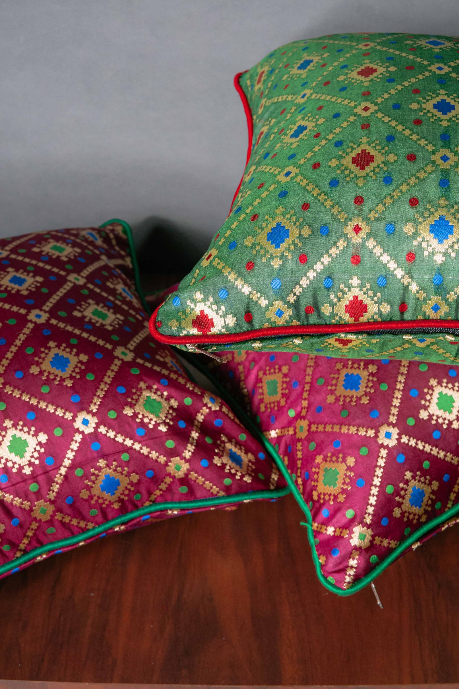 Mesmerizing Colors of Assorted Bandhani Brocade Beauty Cushion Covers (Wine-Green Combo) - Image 3
