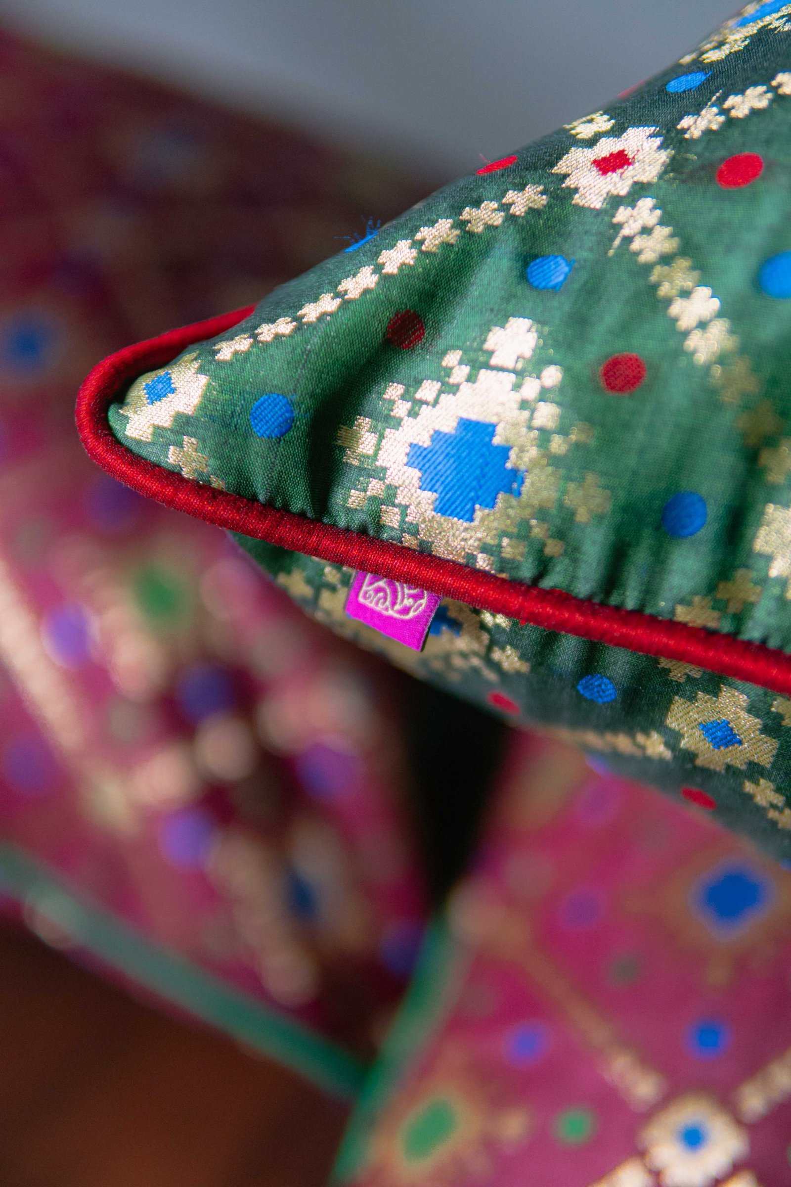 Mesmerizing Colors of Assorted Bandhani Brocade Beauty Cushion Covers (Wine-Green Combo) - Image 4