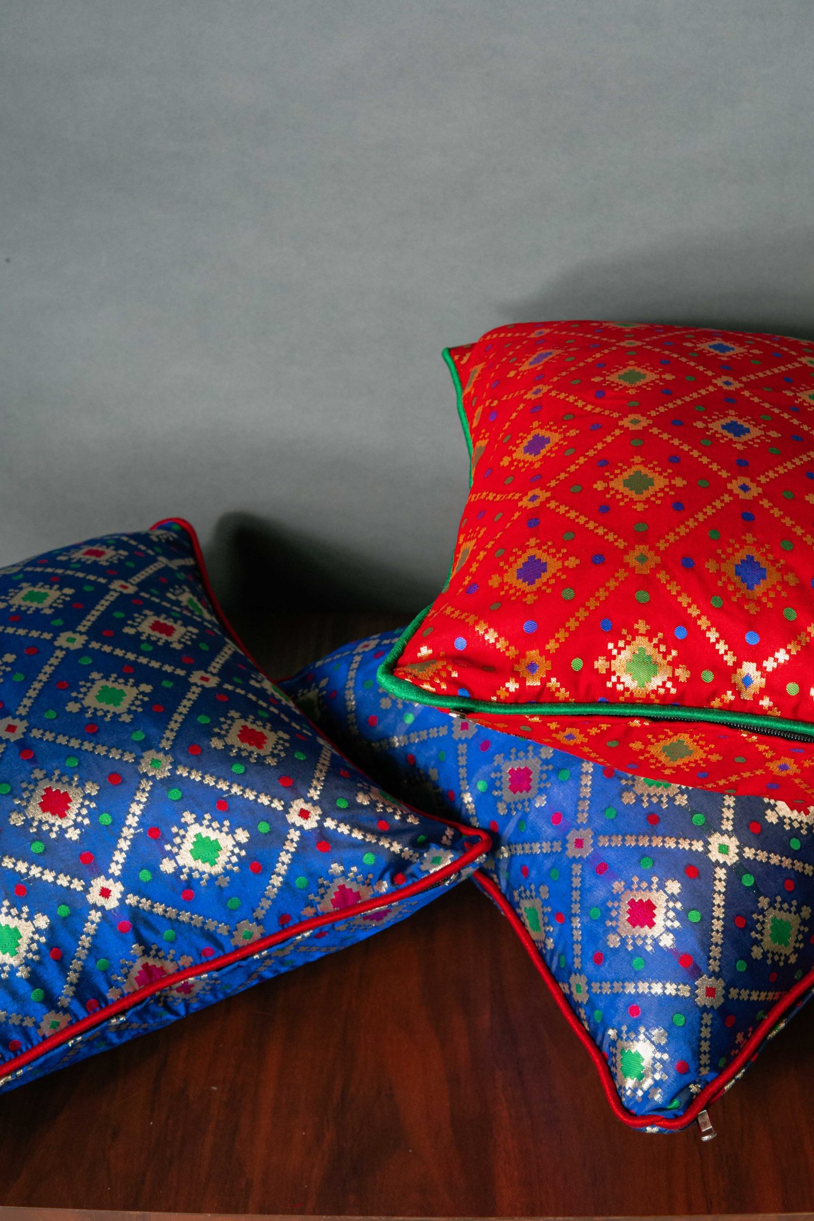 Mesmerizing Colors of Assorted Bandhani Brocade Beauty Cushion Covers (Blue-Red Combo) - Image 3