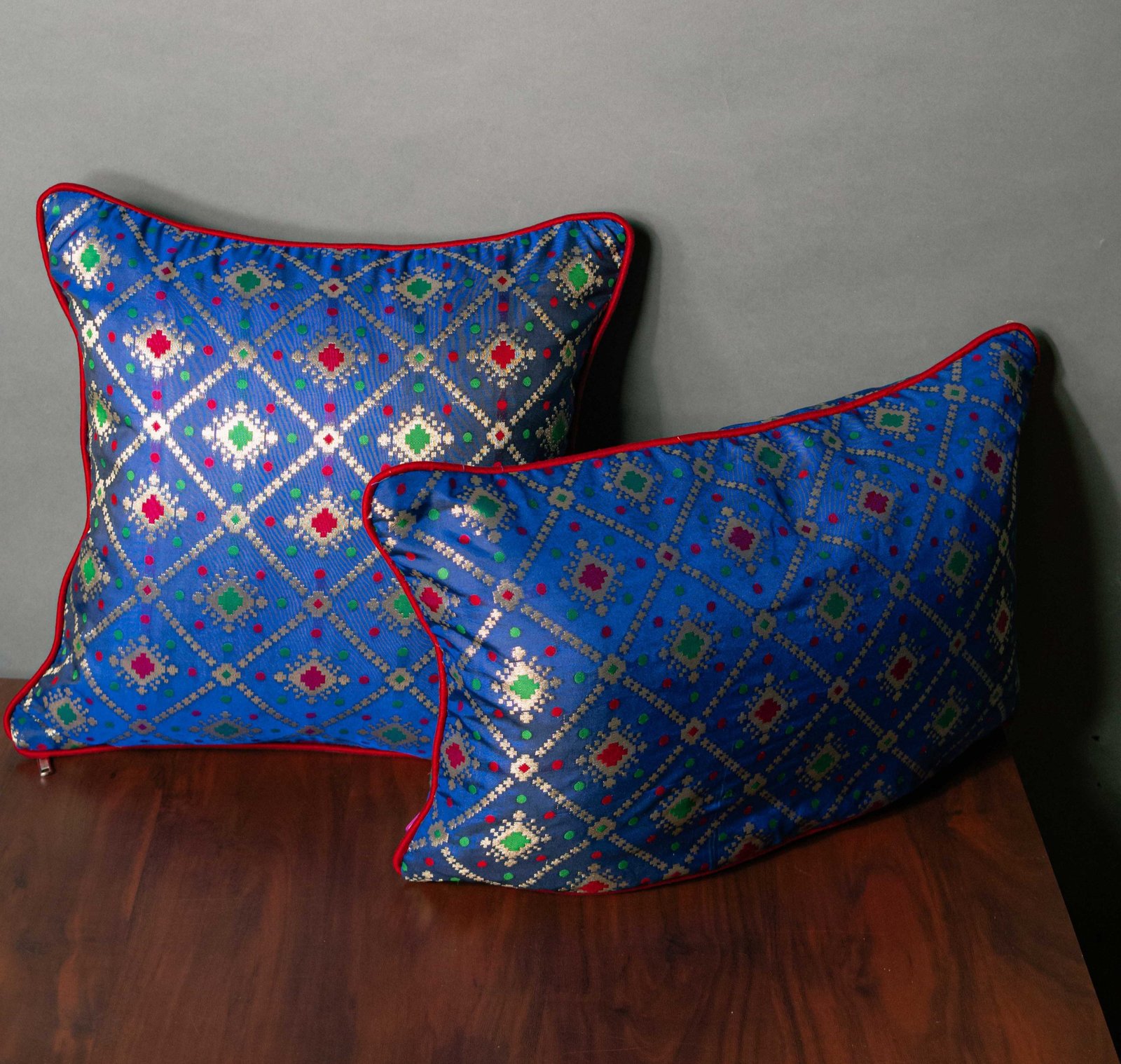 Mesmerizing Blue Bandhani Brocade Beauty Cushion Covers