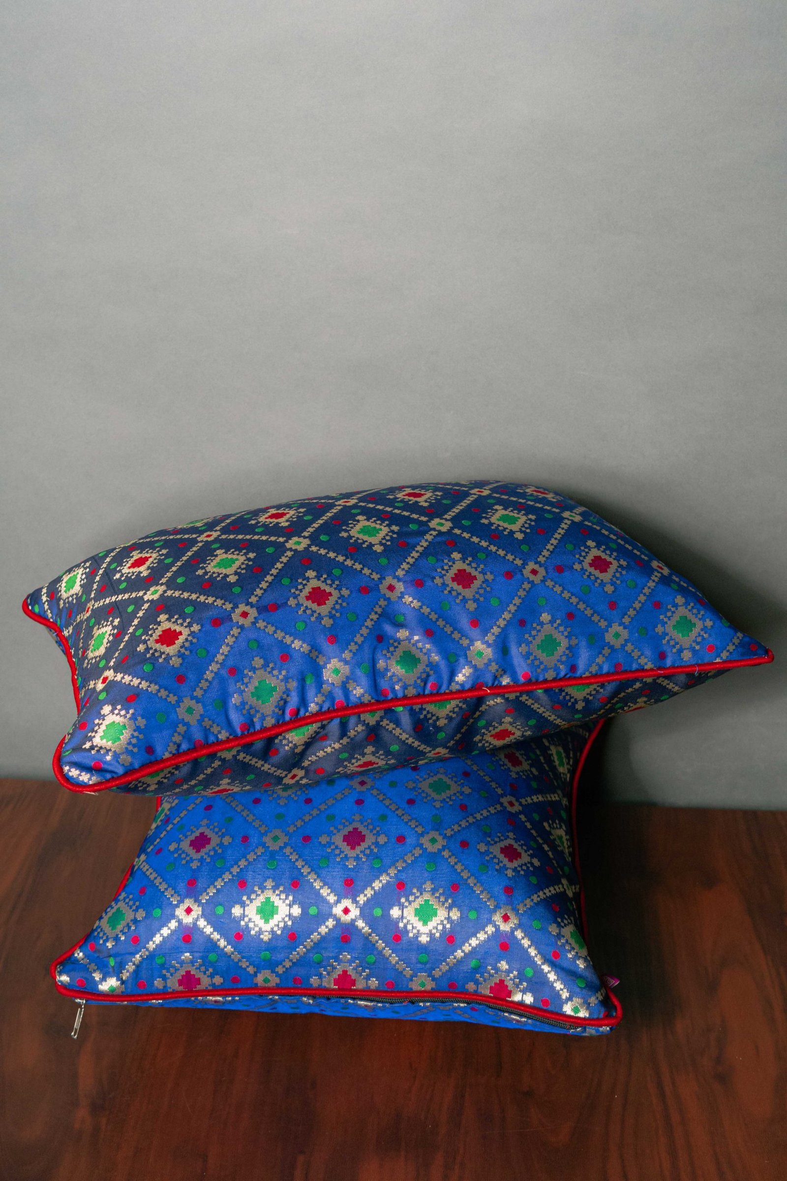Mesmerizing Blue Bandhani Brocade Beauty Cushion Covers - Image 4