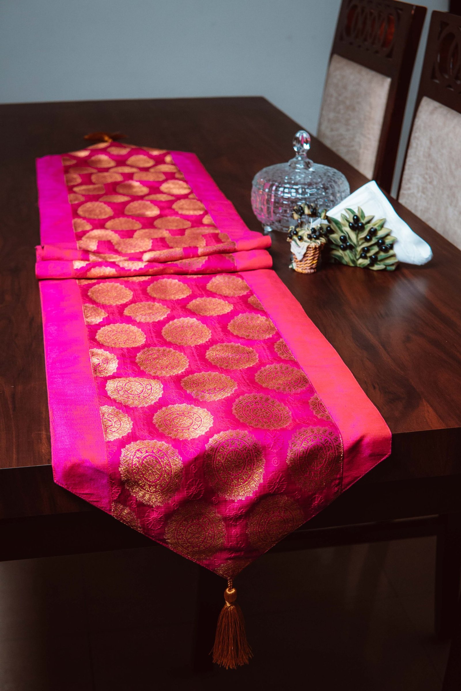 Mandala Brocade Silk Table Runner - Magenta