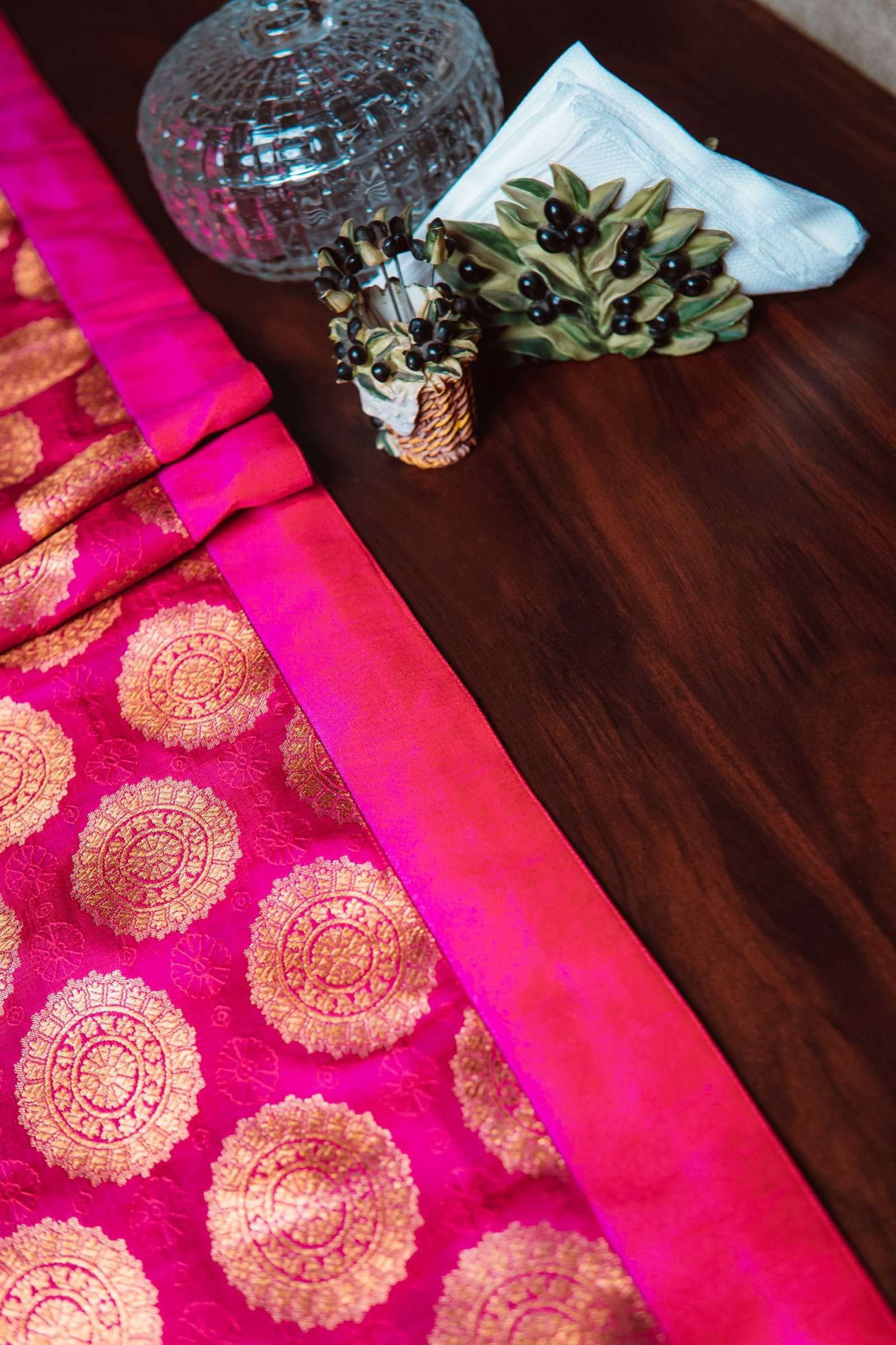 Mandala Brocade Silk Table Runner - Magenta - Image 3