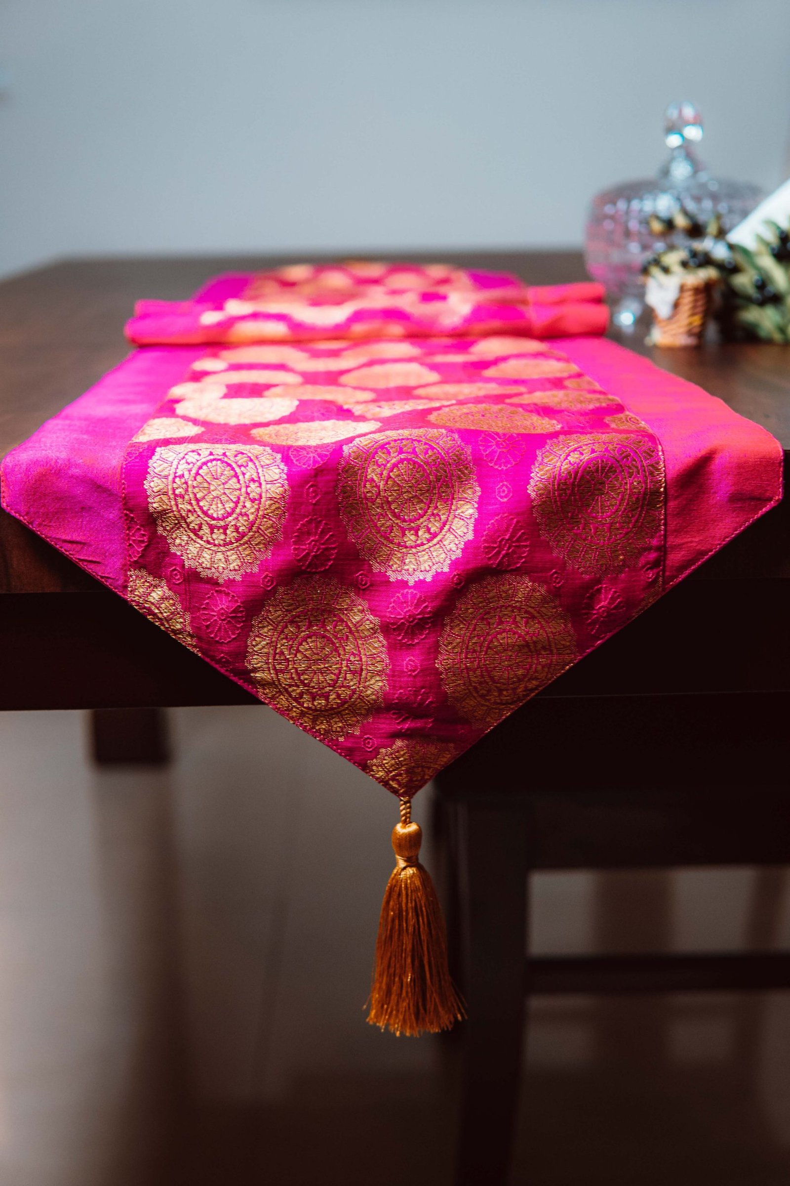 Mandala Brocade Silk Table Runner - Magenta - Image 4