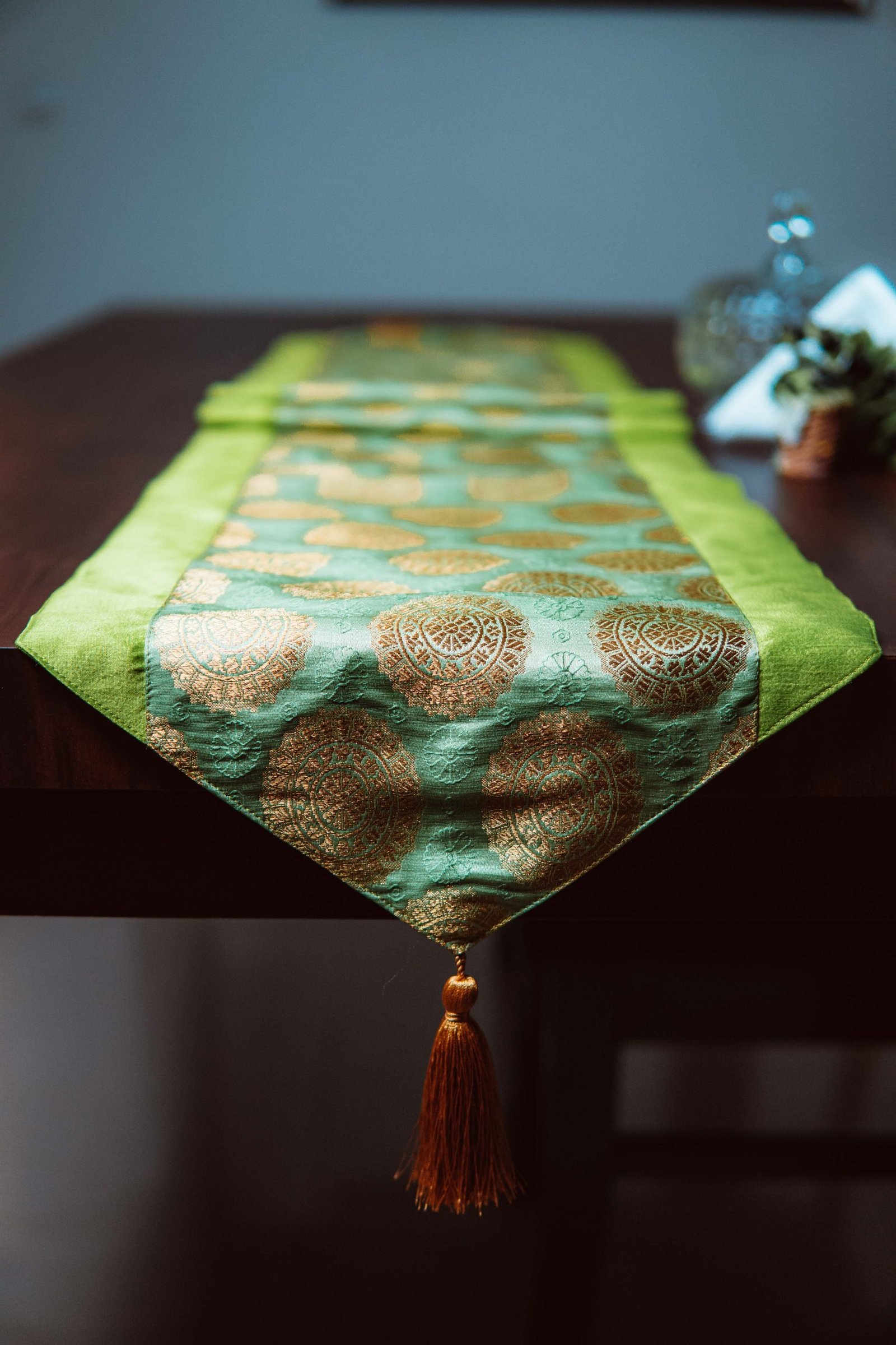 Mandala Brocade Silk Table Runner - Green - Image 2