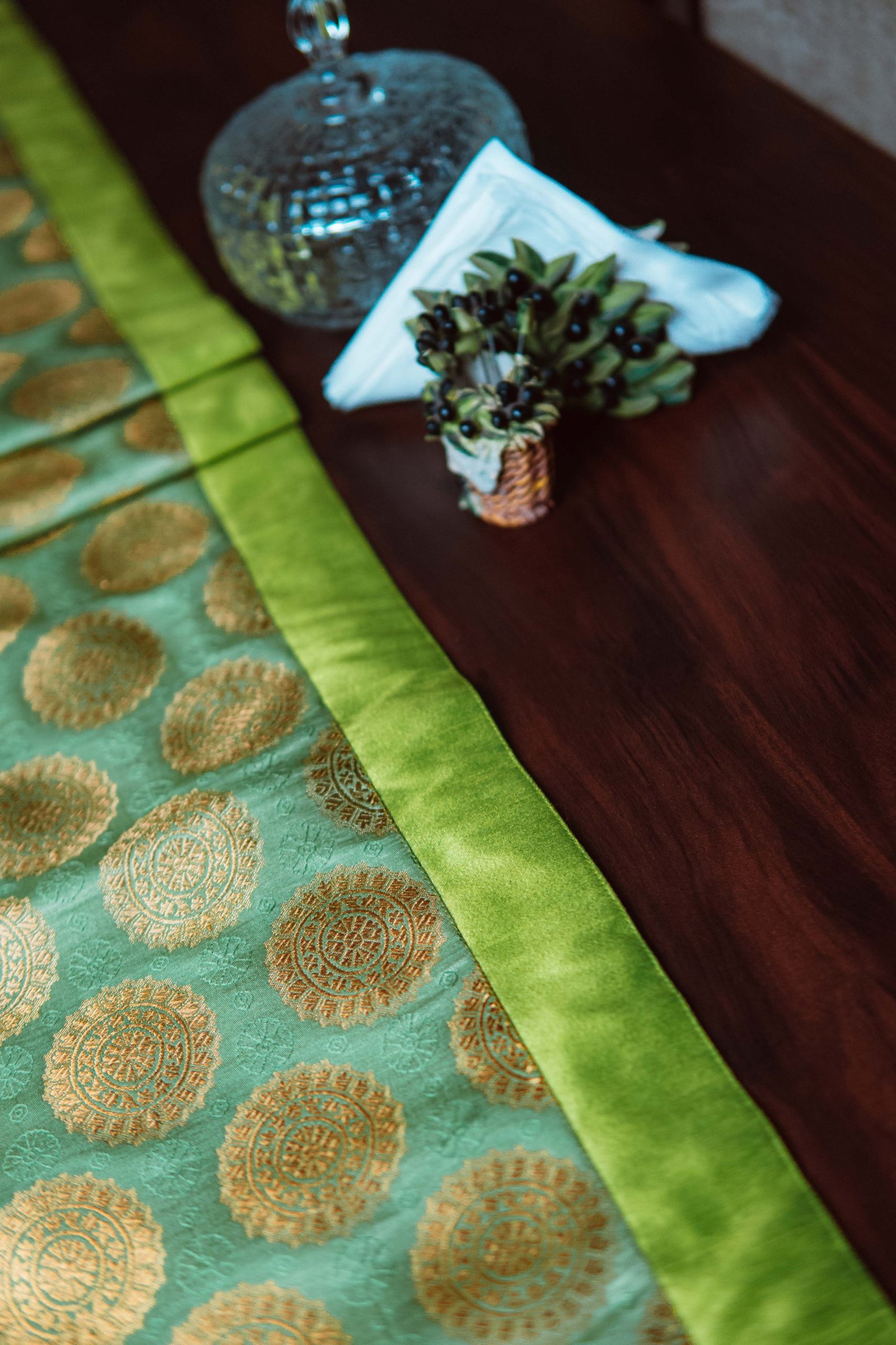 Mandala Brocade Silk Table Runner - Green - Image 3