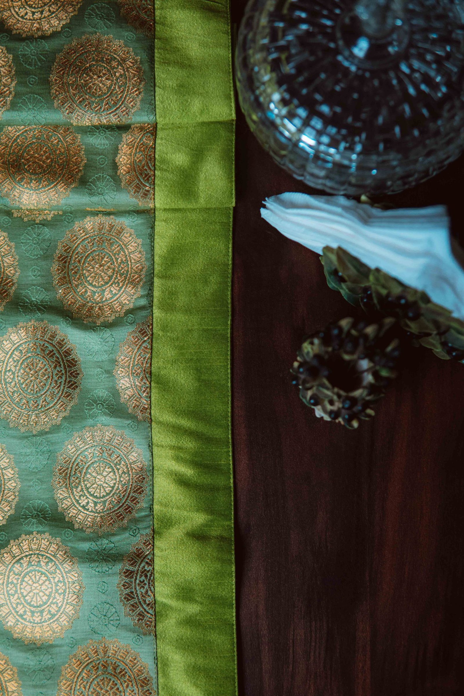 Mandala Brocade Silk Table Runner - Green - Image 4