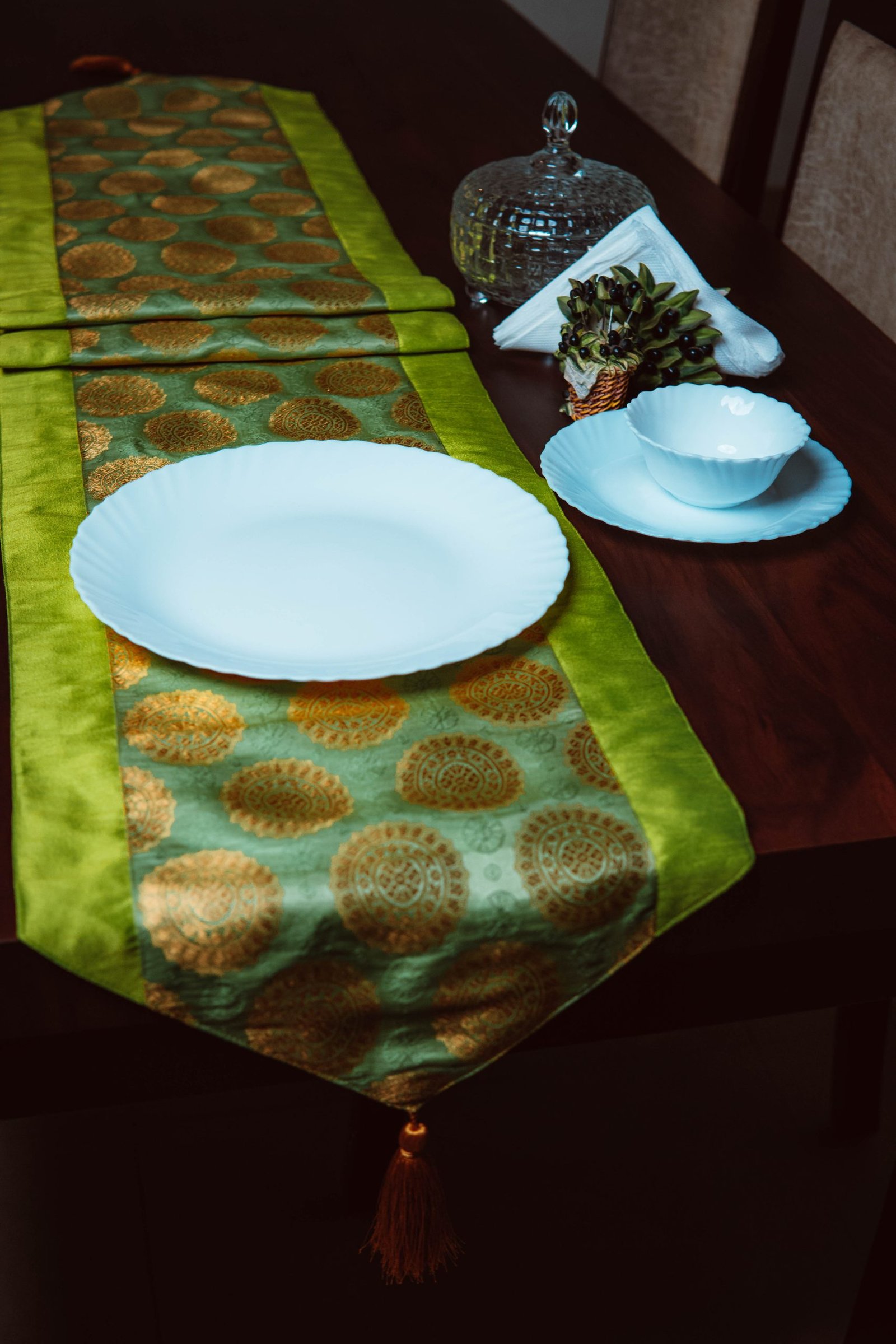 Mandala Brocade Silk Table Runner - Green - Image 5