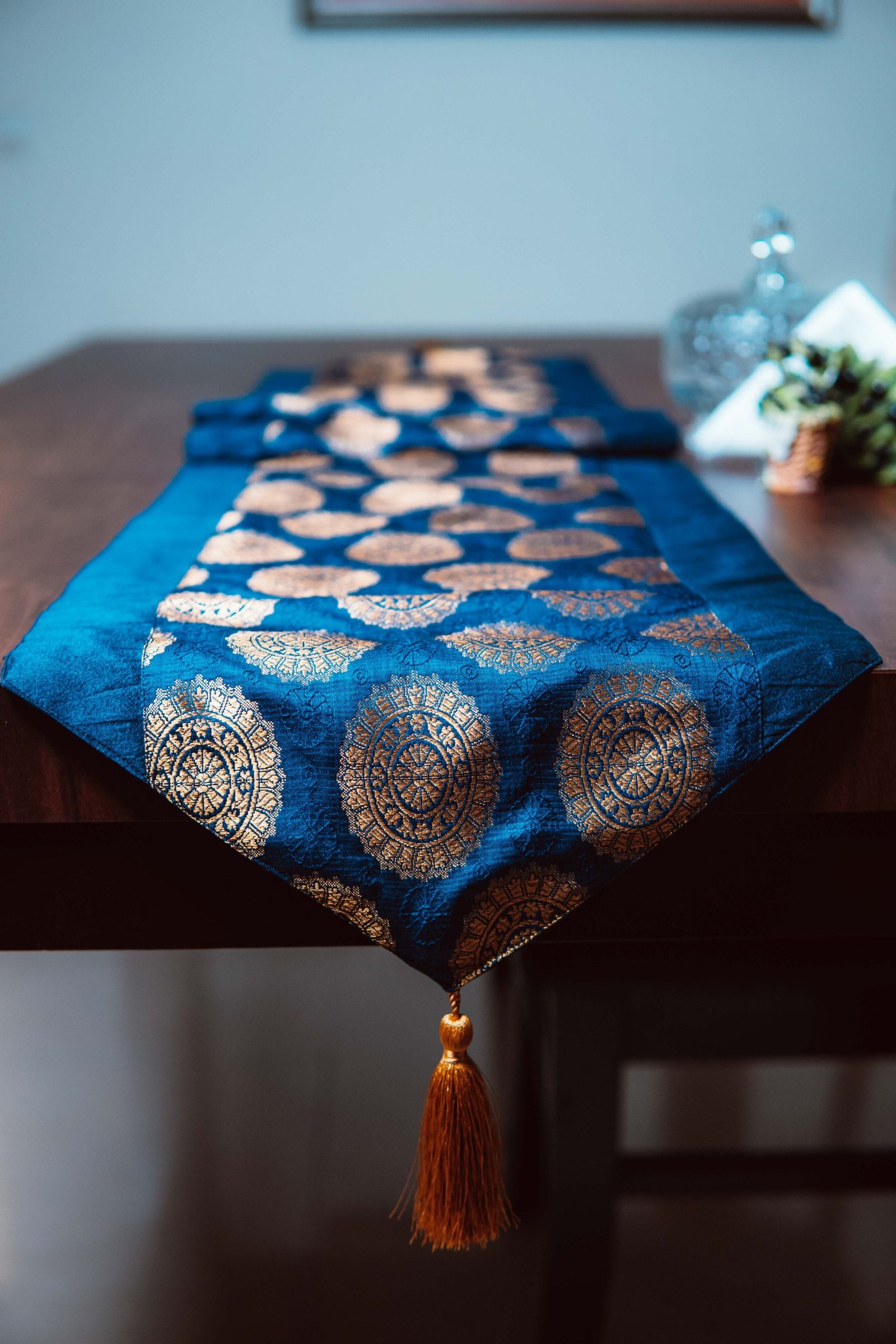 Mandala Brocade Silk Table Runner - Navy Blue - Image 3
