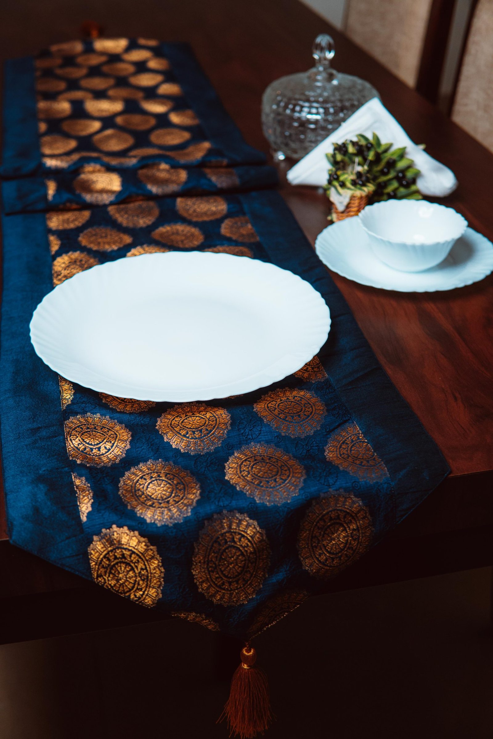 Mandala Brocade Silk Table Runner - Navy Blue - Image 5