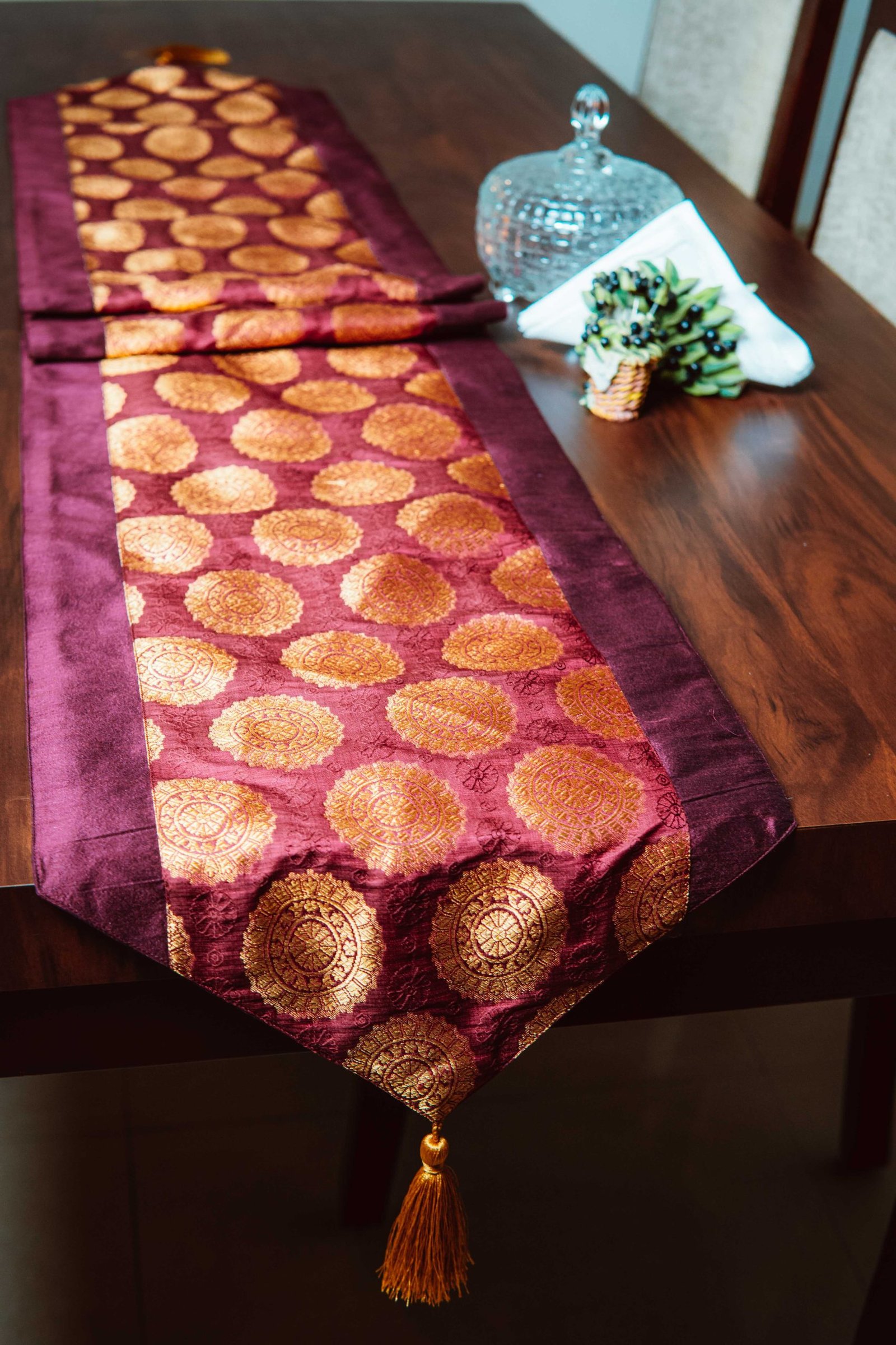 Mandala Brocade Silk Table Runner - Maroon