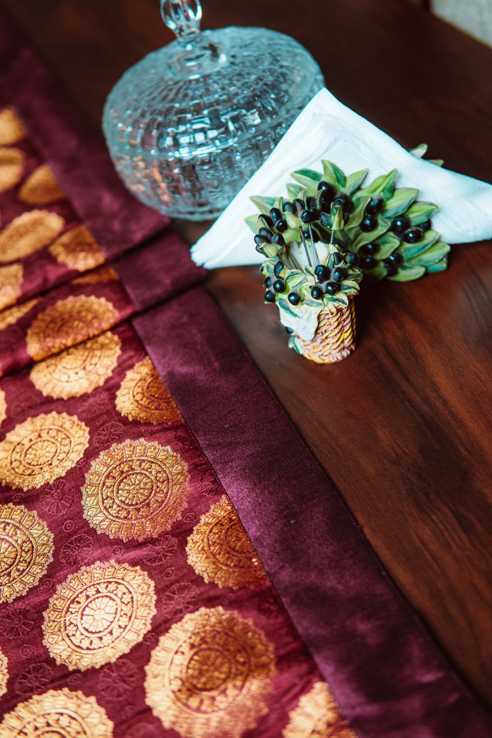 Mandala Brocade Silk Table Runner - Maroon - Image 3