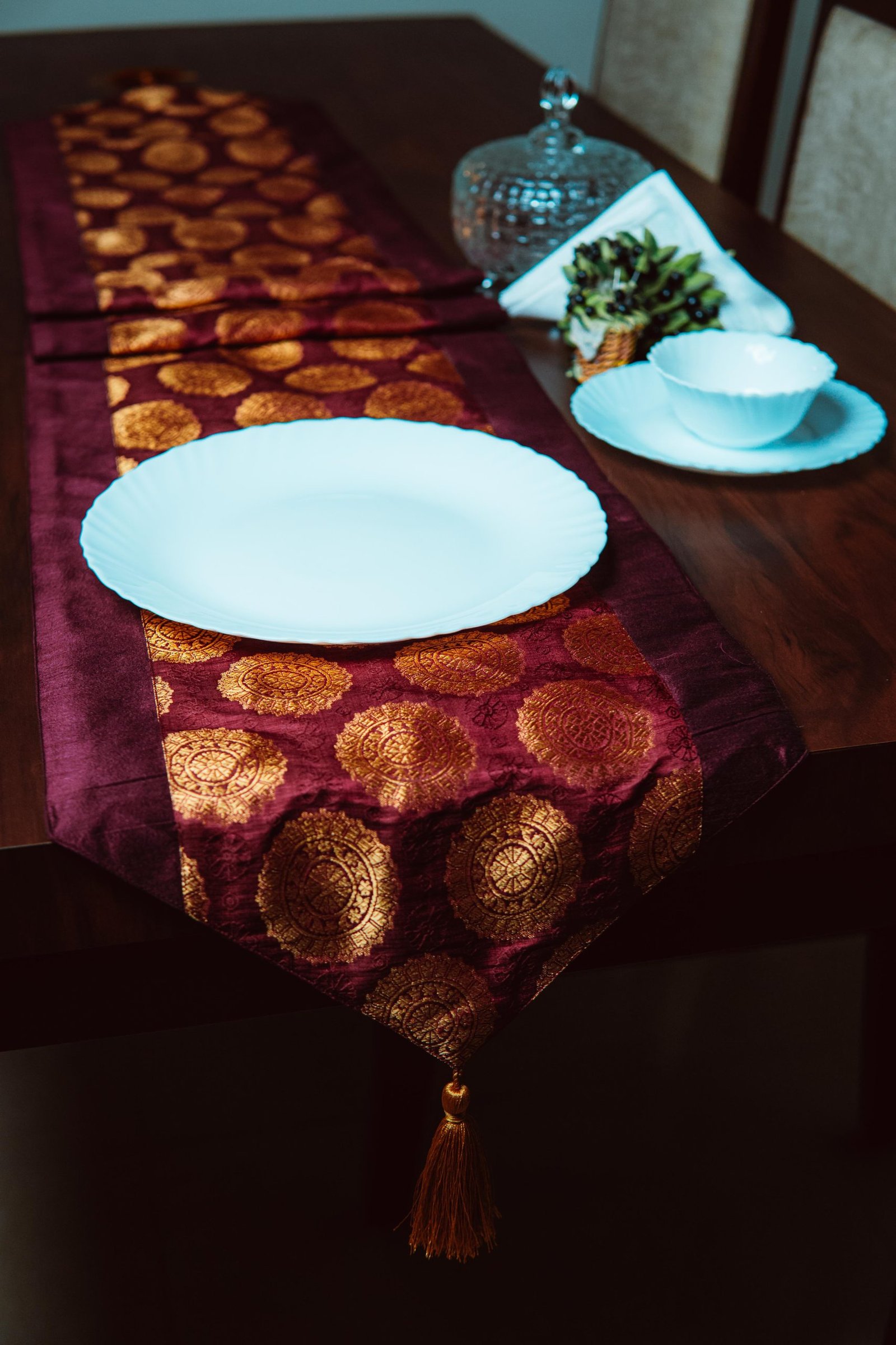Mandala Brocade Silk Table Runner - Maroon - Image 5