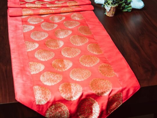 Mandala Brocade Silk Table Runner - Peach