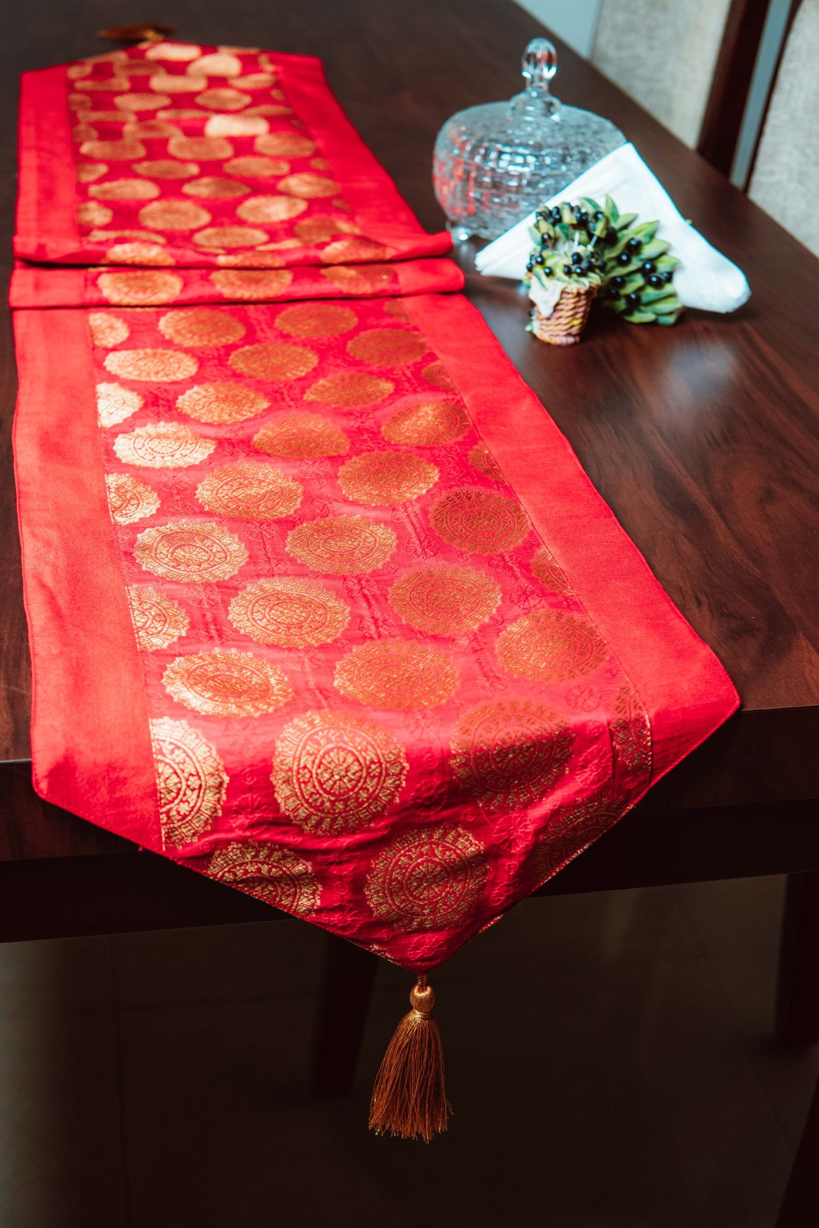 Mandala Brocade Silk Table Runner - Red