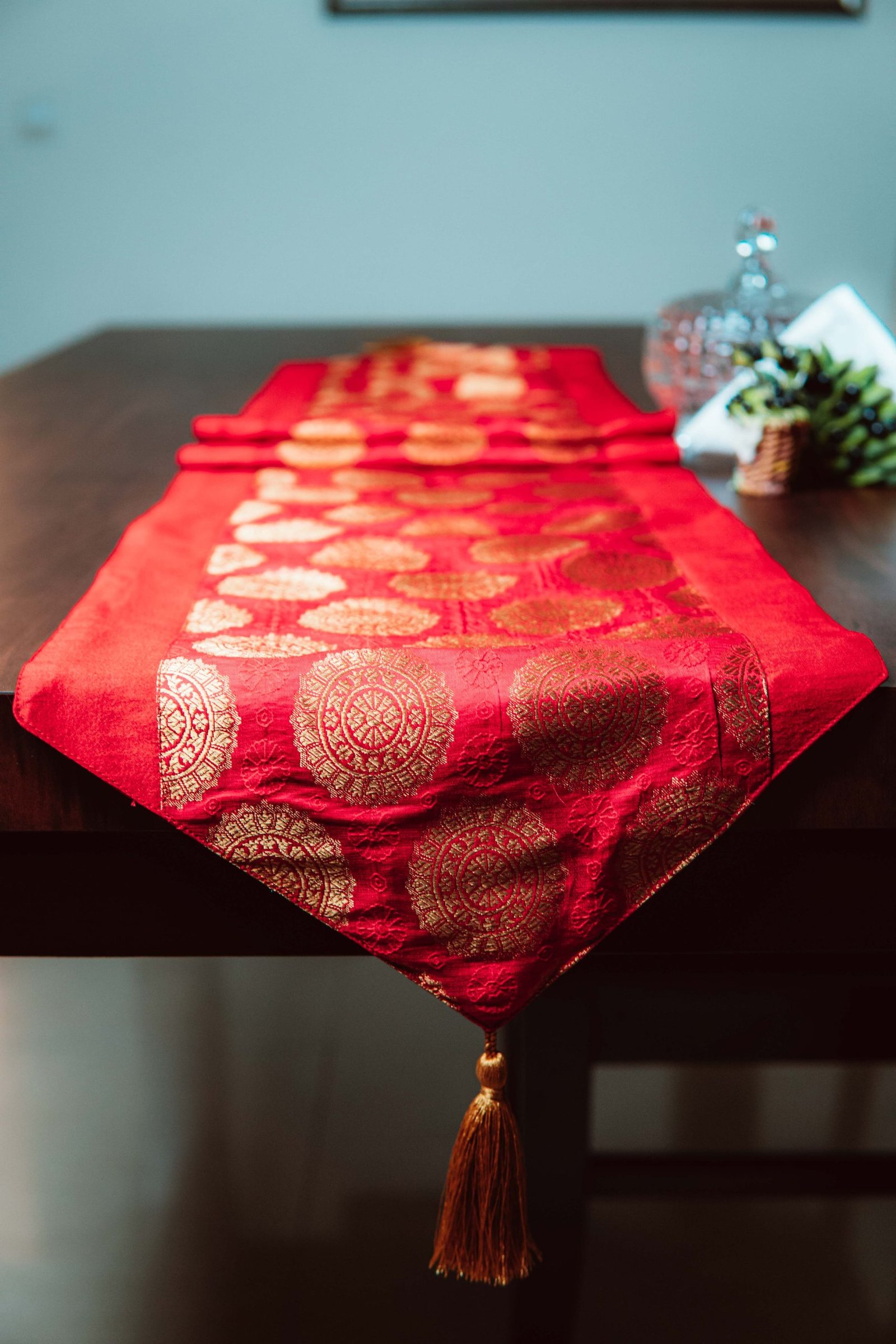 Mandala Brocade Silk Table Runner - Red - Image 3