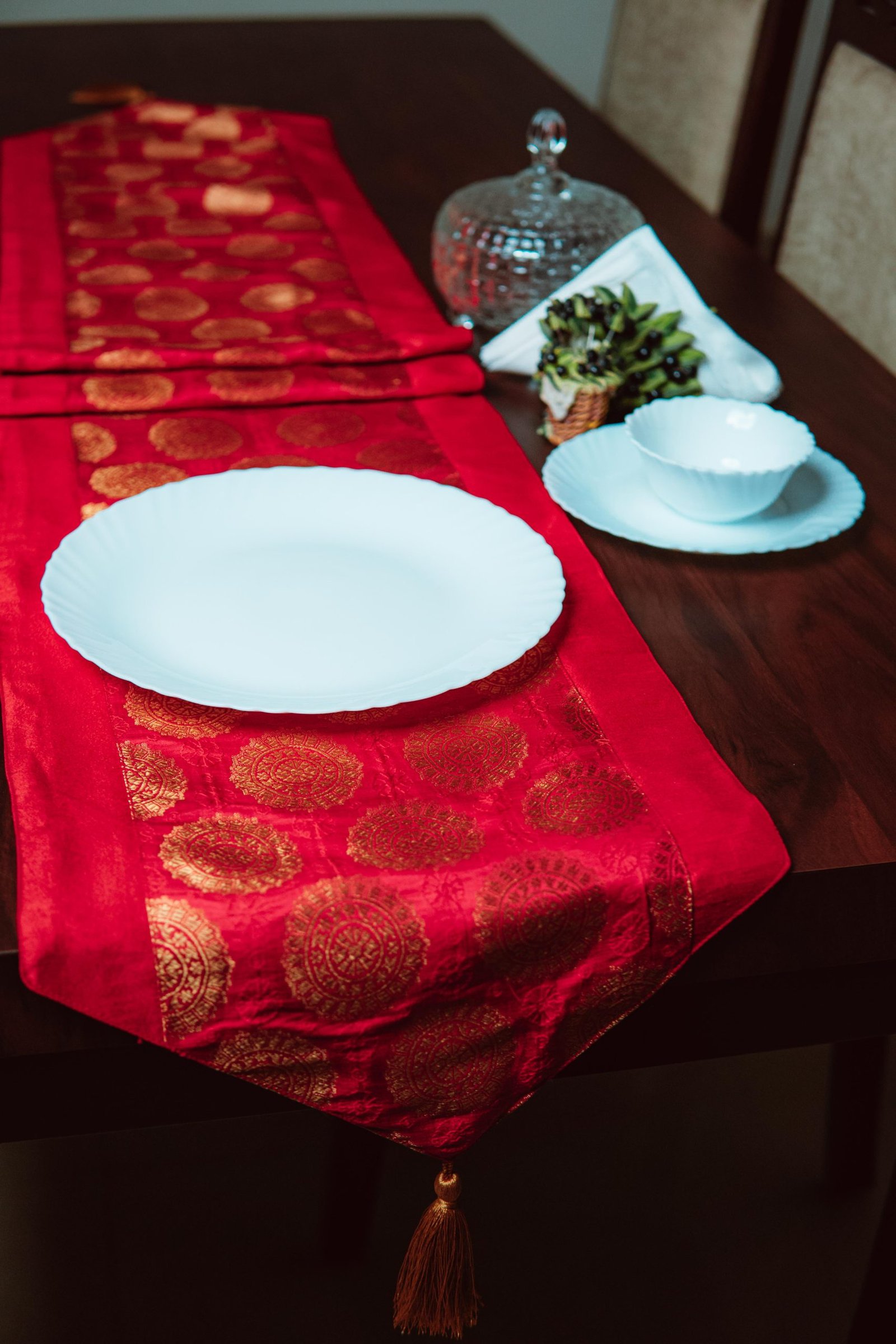 Mandala Brocade Silk Table Runner - Red - Image 5