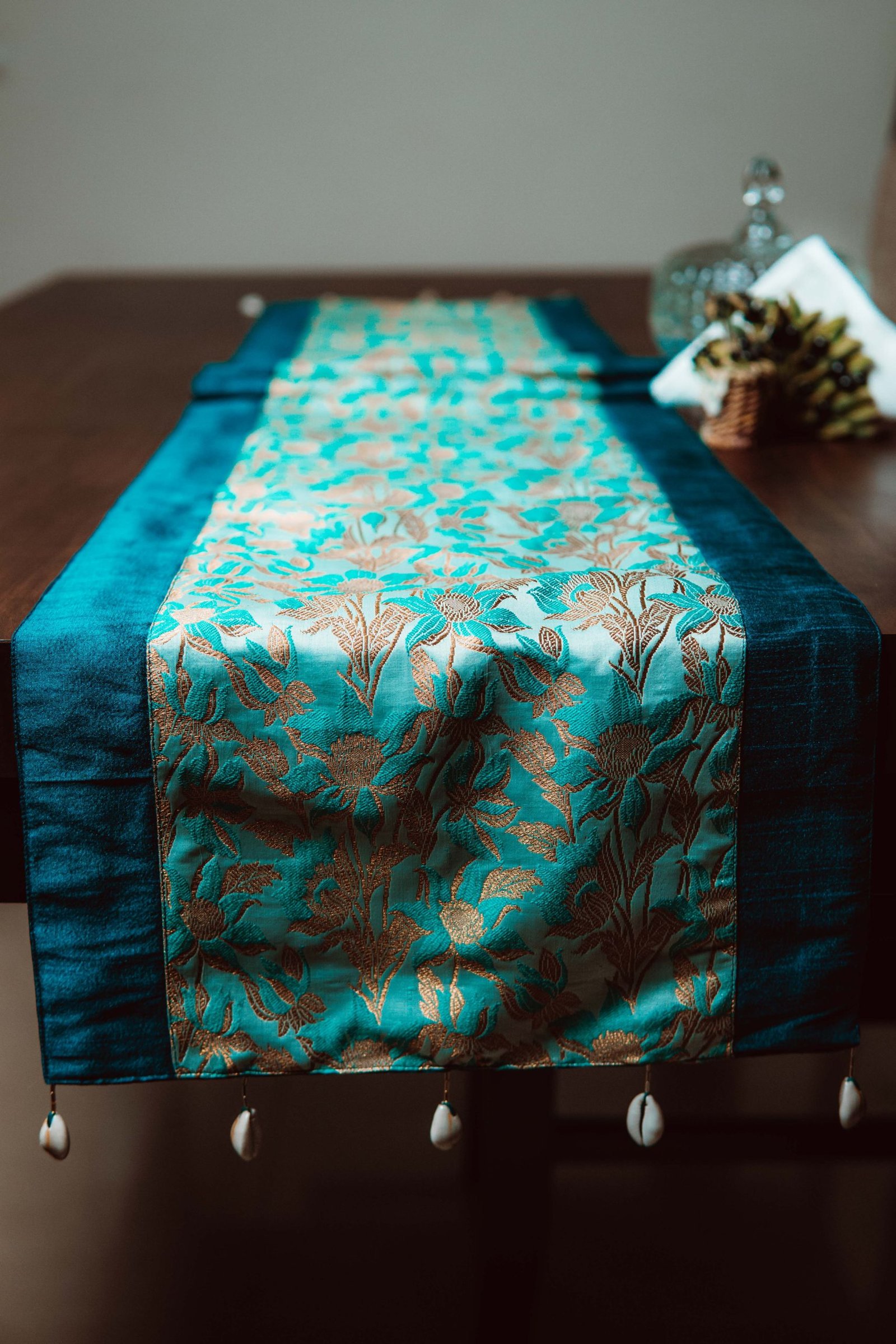 Bageecha Brocade Silk Table Runner - Sea Green - Image 4