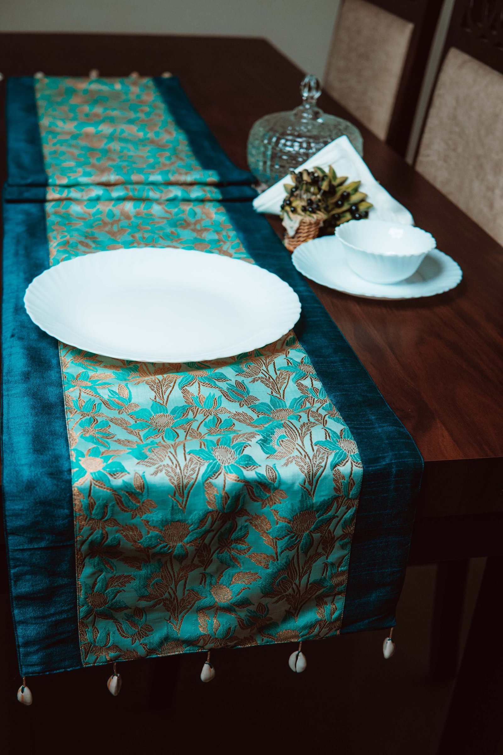 Bageecha Brocade Silk Table Runner - Sea Green - Image 5