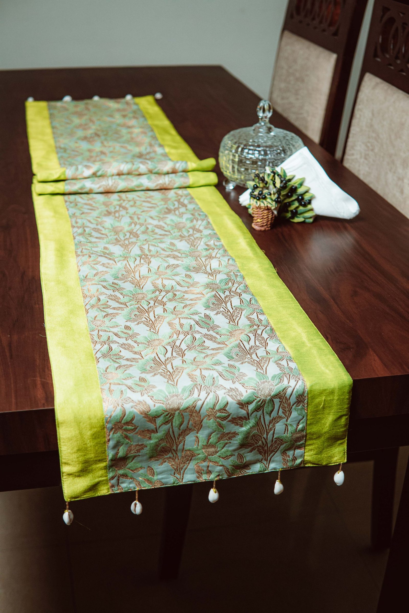 Bageecha Brocade Silk Table Runner - Sage Green
