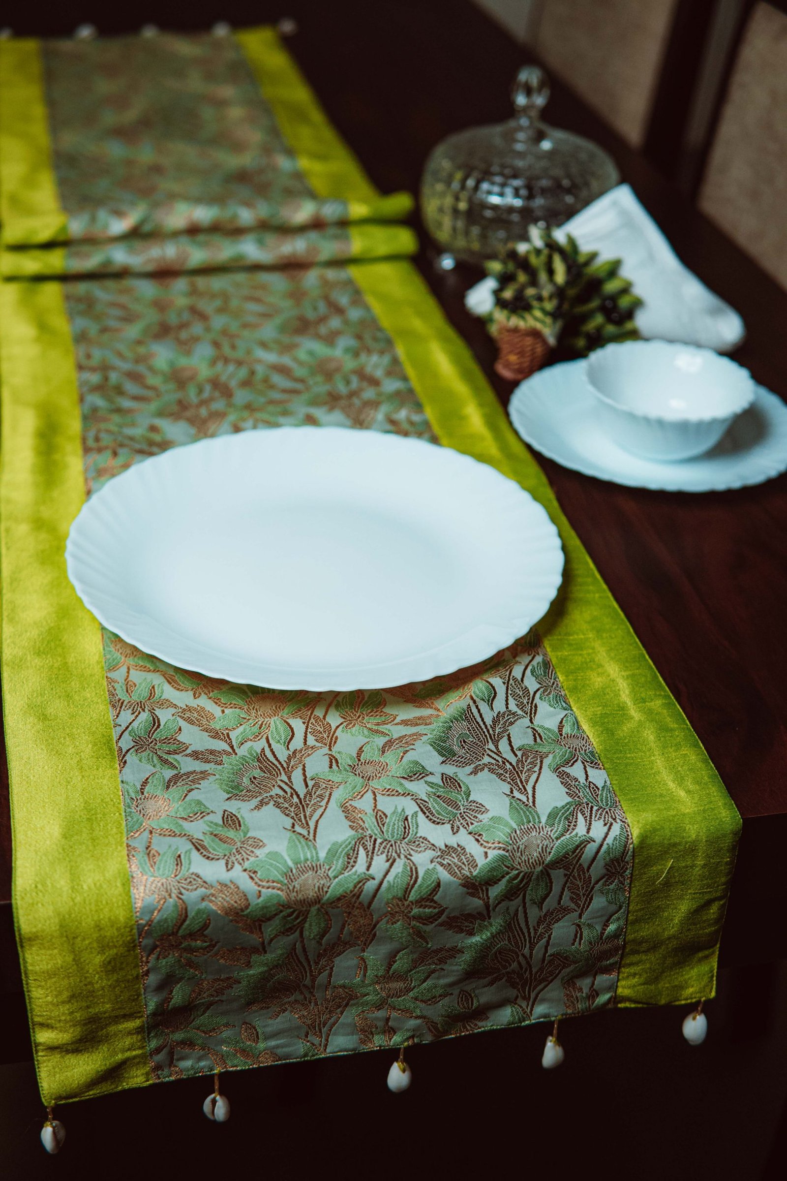 Bageecha Brocade Silk Table Runner - Sage Green - Image 5