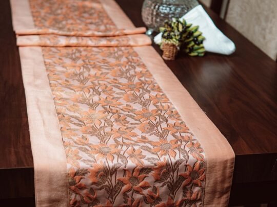 Bageecha Brocade Silk Table Runner - Peach