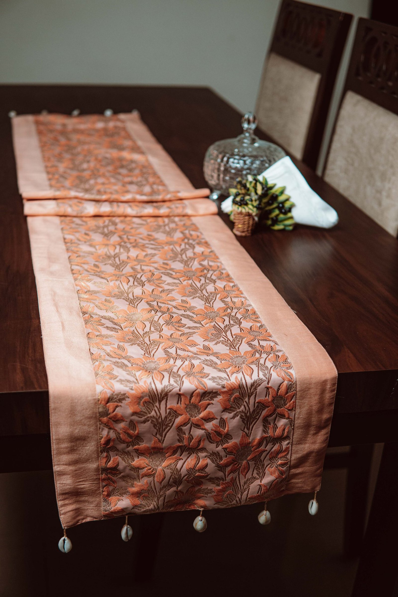 Bageecha Brocade Silk Table Runner - Peach