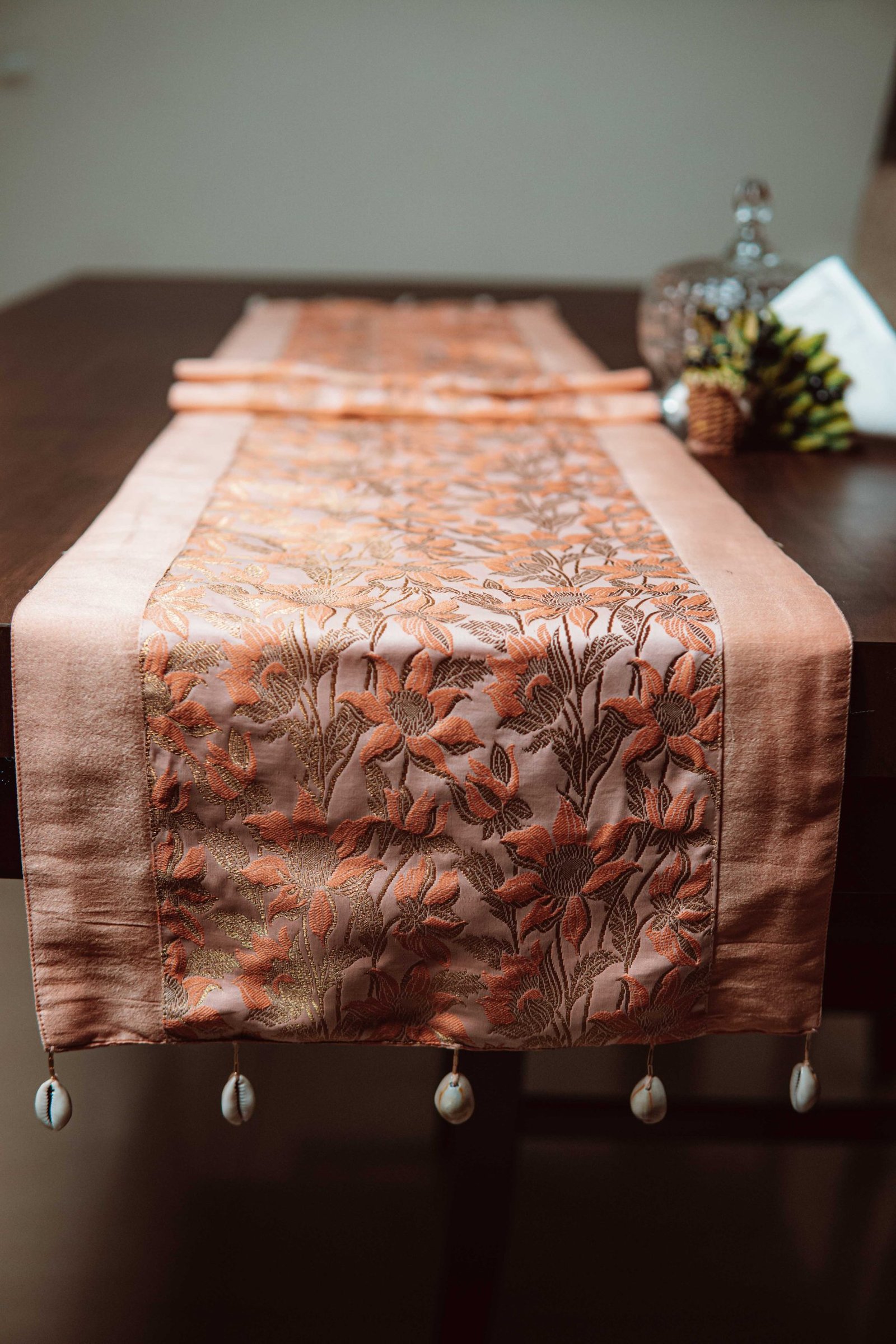 Bageecha Brocade Silk Table Runner - Peach - Image 4
