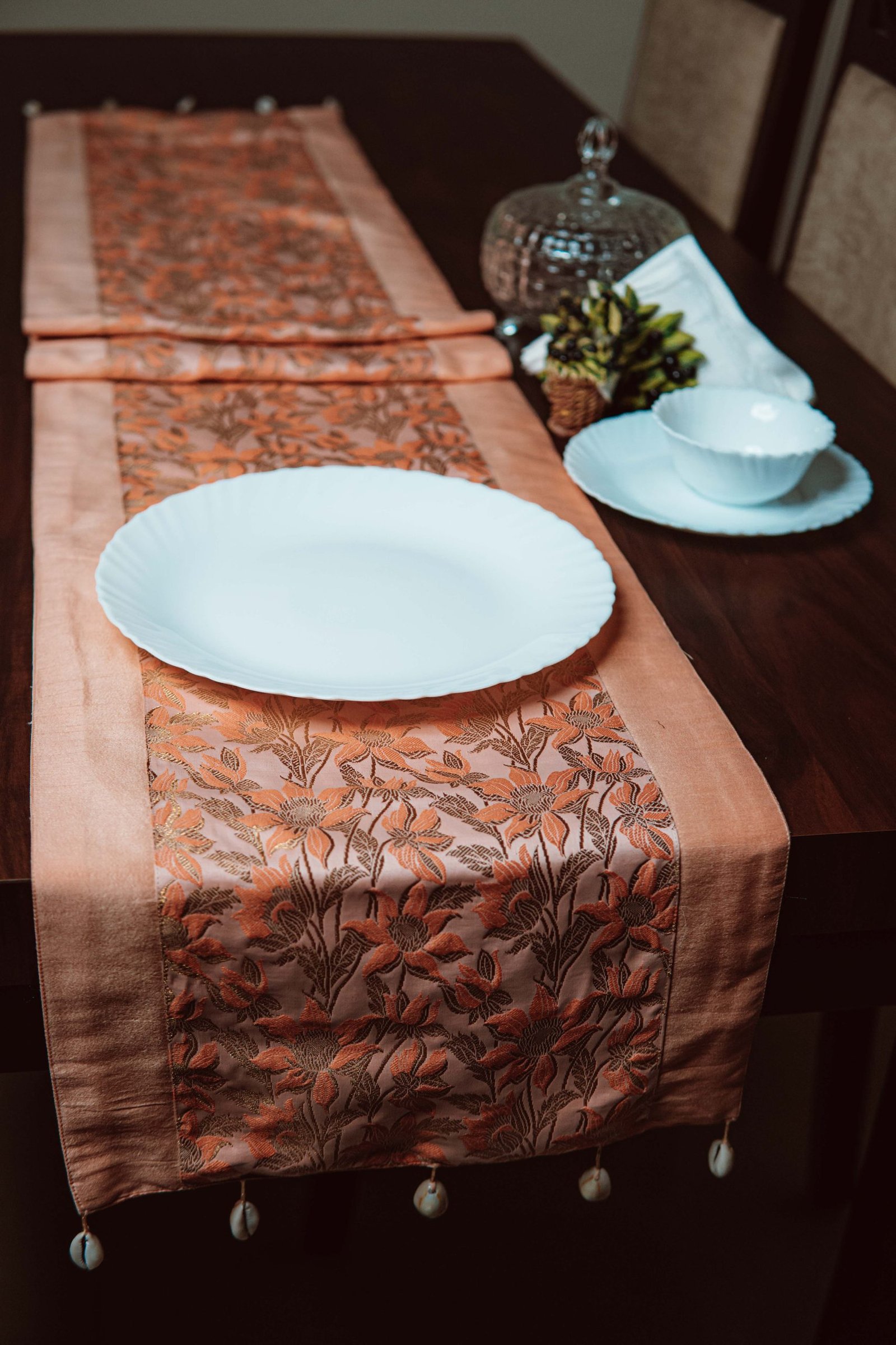 Bageecha Brocade Silk Table Runner - Peach - Image 5