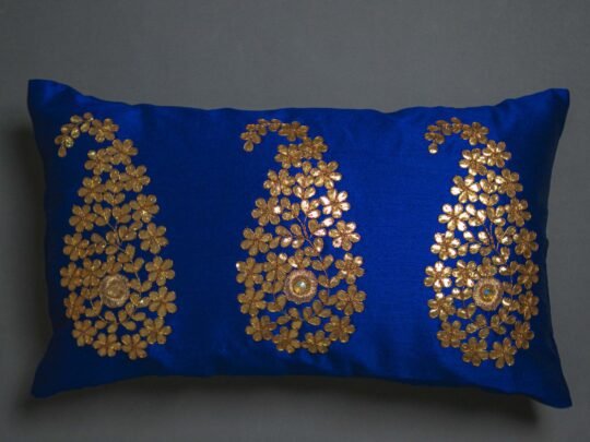Dark Blue & Golden Paisley Leaf Rectangular Cushion Cover
