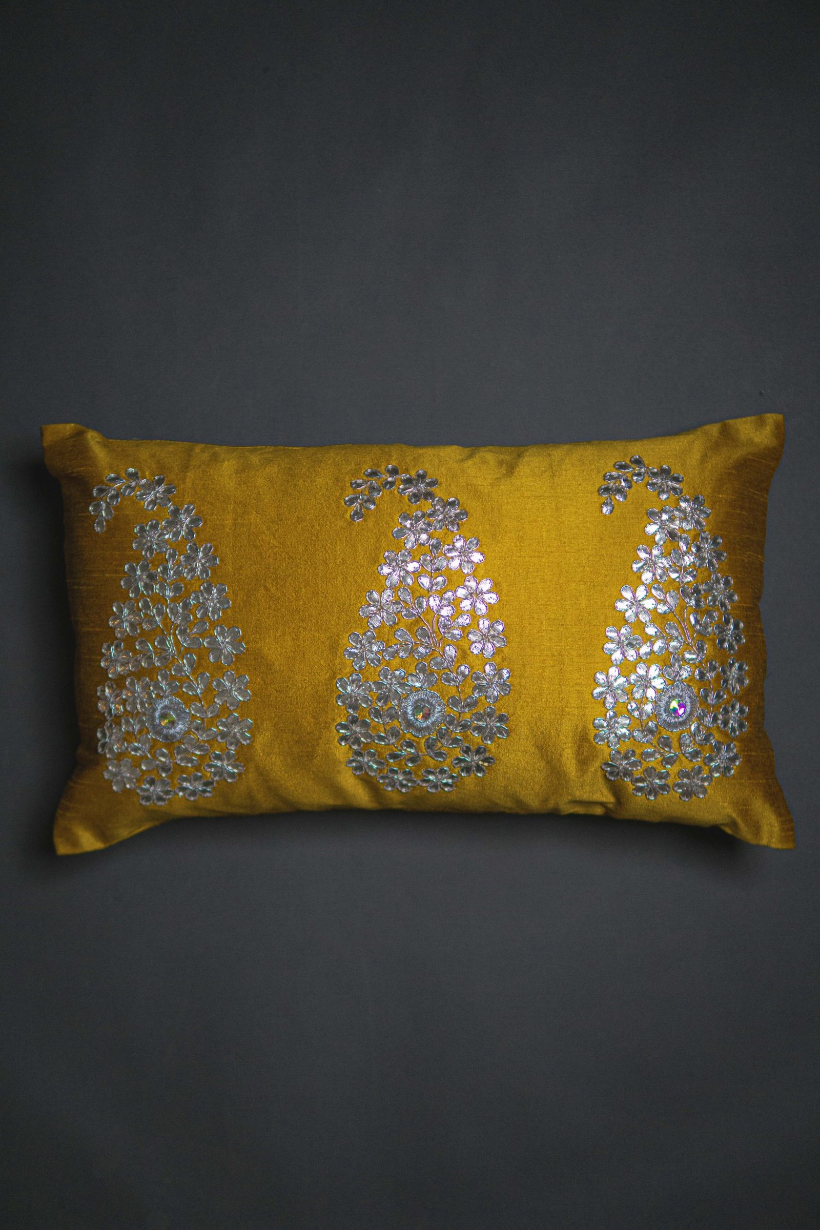 Mustard Yellow & Silver Paisley Leaf Rectangular Cushion Cover