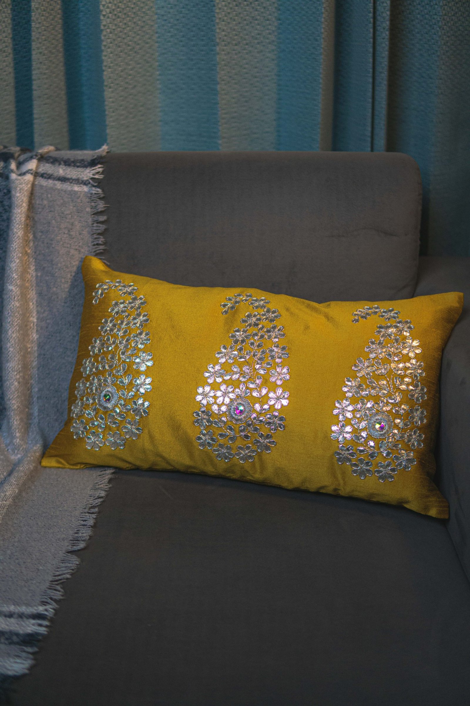 Mustard Yellow & Silver Paisley Leaf Rectangular Cushion Cover - Image 4