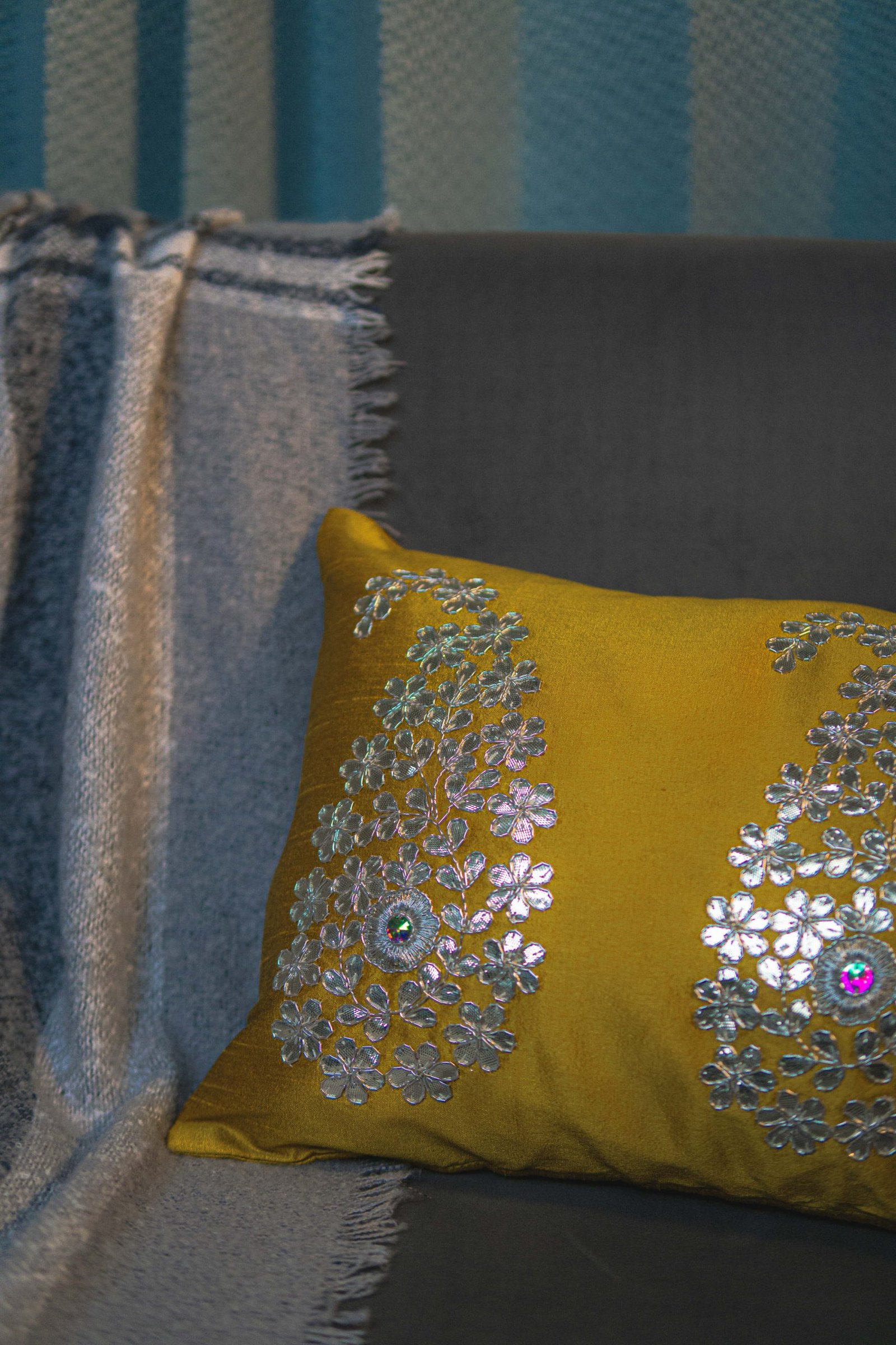 Mustard Yellow & Silver Paisley Leaf Rectangular Cushion Cover - Image 5