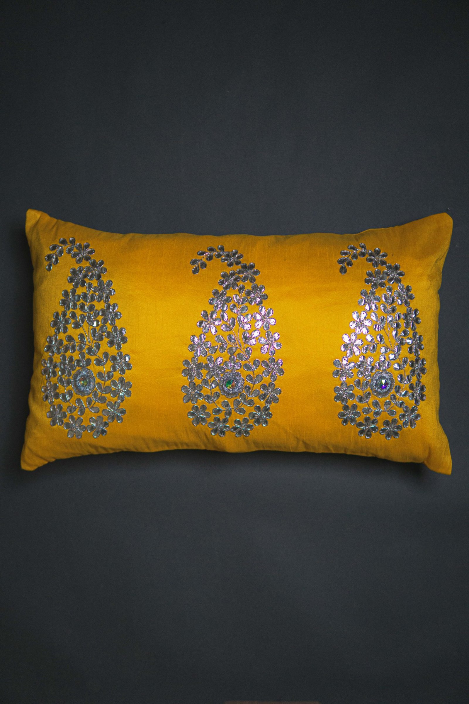 Sunshine Yellow & Silver Paisley Leaf Rectangular Cushion Cover