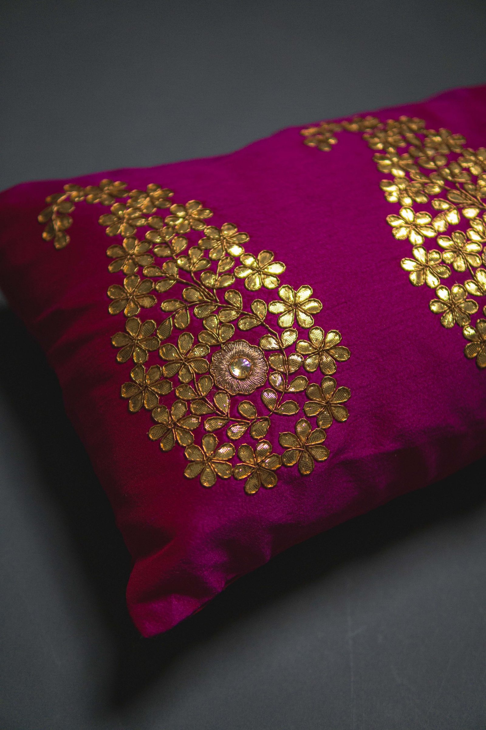 Dark Magenta & Golden Paisley Leaf Rectangular Cushion Cover - Image 2
