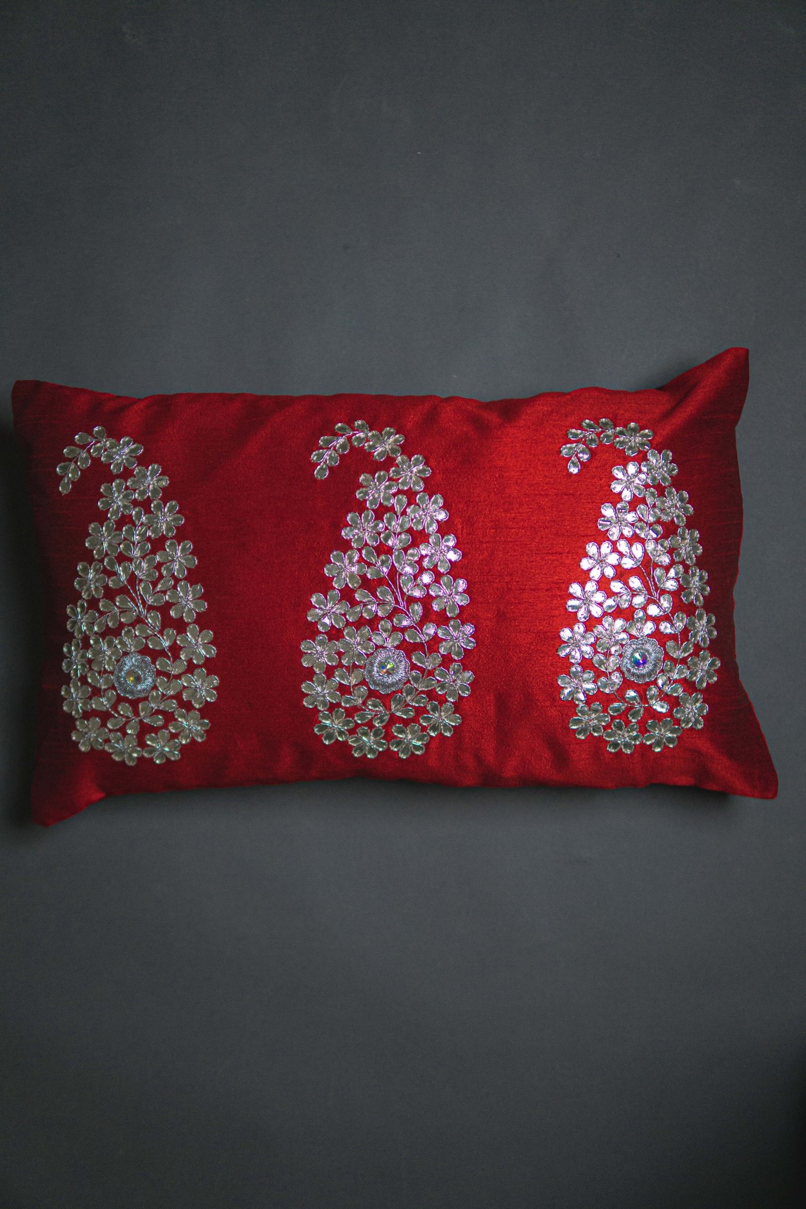 Royal Maroon & Silver Paisley Leaf Rectangular Cushion Cover