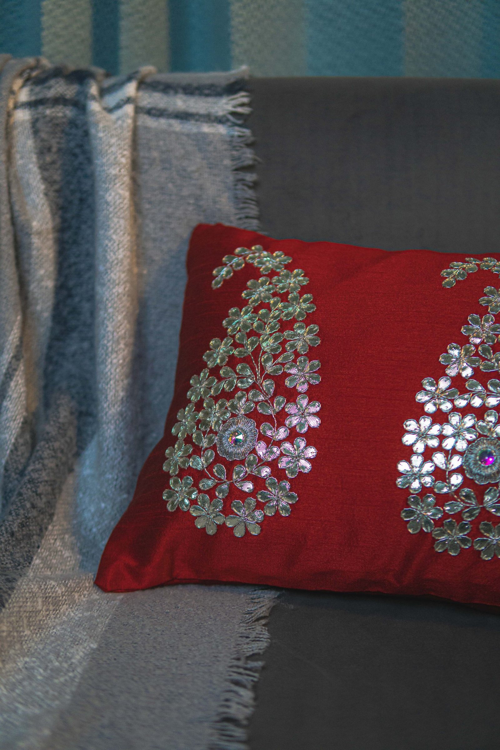 Royal Maroon & Silver Paisley Leaf Rectangular Cushion Cover - Image 5