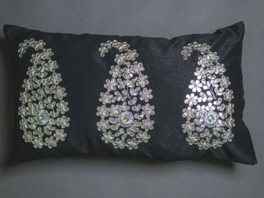Black & Silver Paisley Leaf Rectangular Cushion Cover