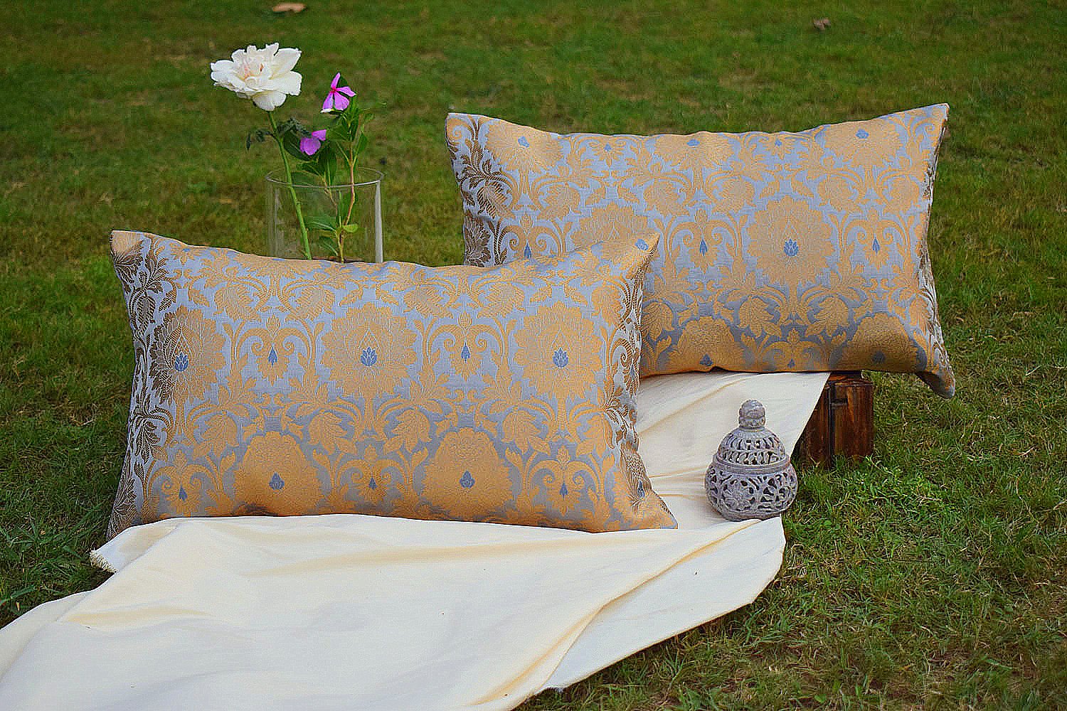 MUGHAL BANARASI Brocade Long Rectangular Cushion Covers (Grey & Golden)
