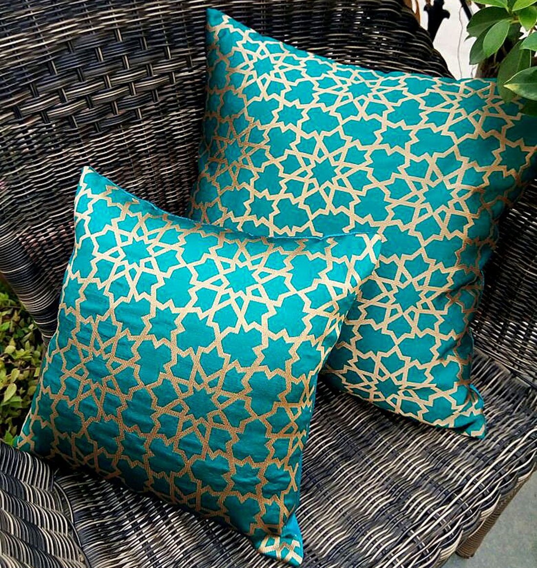 Premium Quality Teal Green & Golden Brocade Geometric Design Cushion Covers