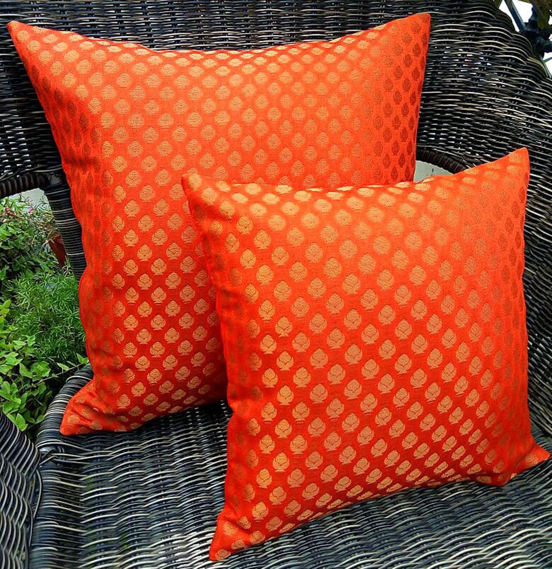 Premium Quality Tango Orange & Golden Brocade Cushion Covers