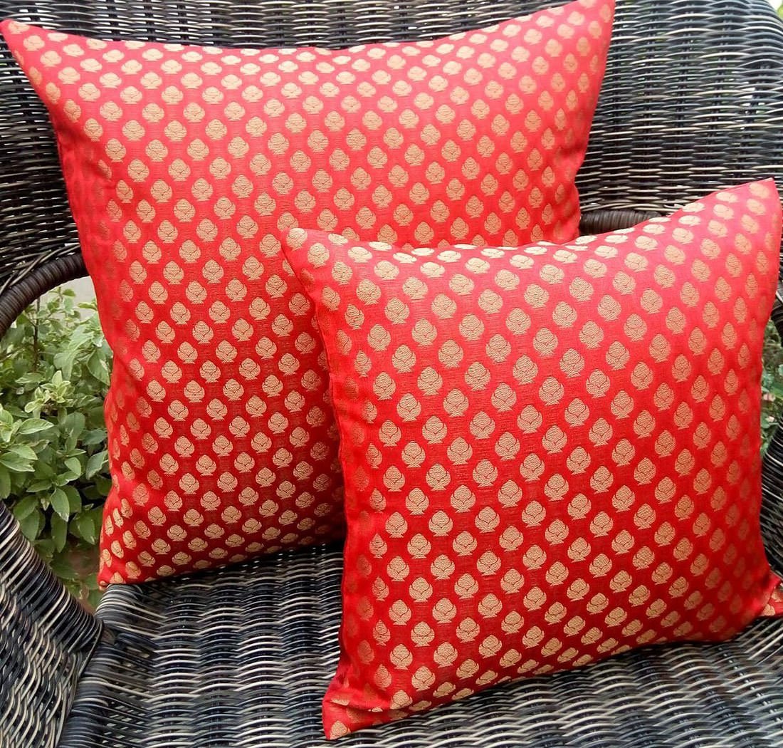 Premium Quality Rainbow Red & Golden Brocade Cushion Covers