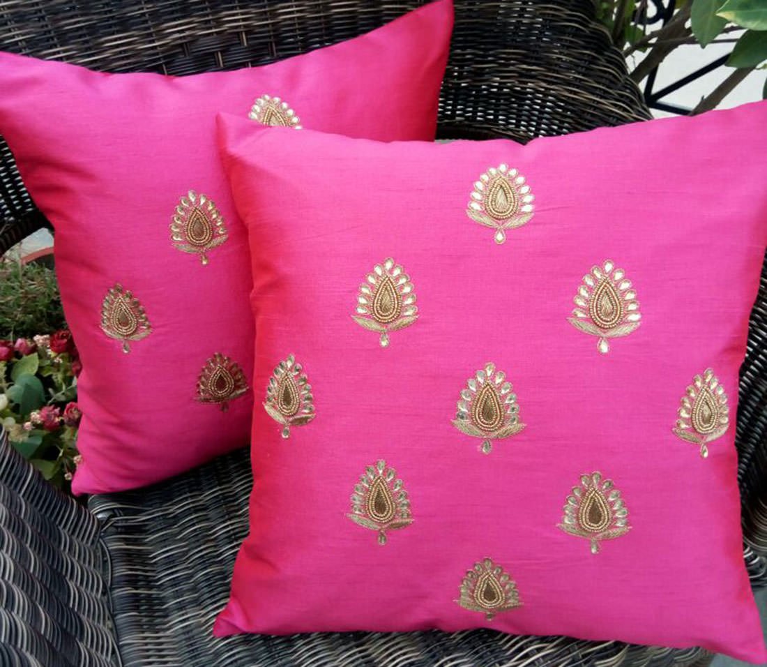 Swarn Paan Patti Beads, Kundan & Zari Hand Embroidery Magenta Cushion Covers