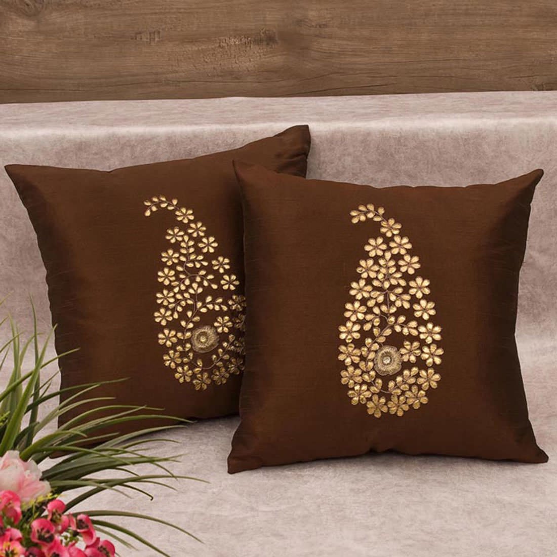 Dark Brown & Golden Paisley Gota Patti Hand Embroidery - Image 2