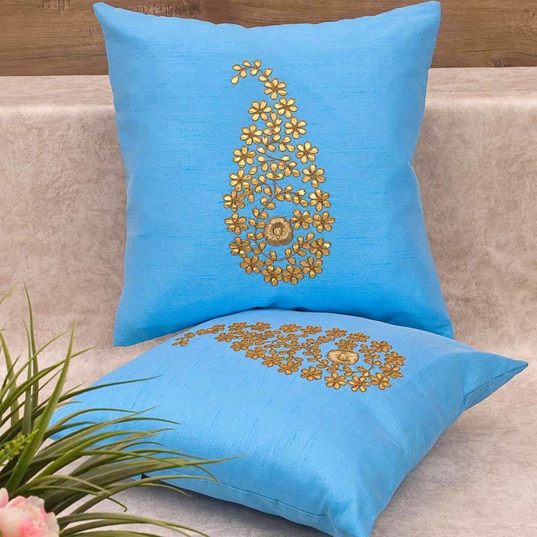 Lake Blue & Golden Paisley Gota Patti Hand Embroidery - Image 4
