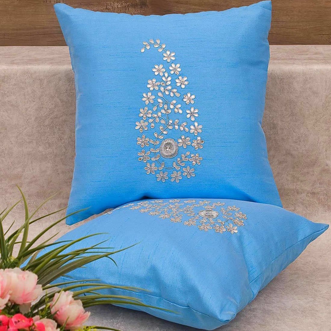 Lake Blue & Silver Paisley Gota Patti Hand Embroidery - Image 4