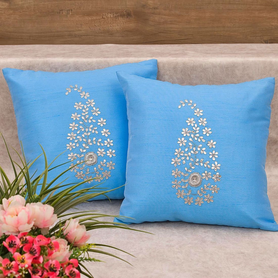 Lake Blue & Silver Paisley Gota Patti Hand Embroidery - Image 2